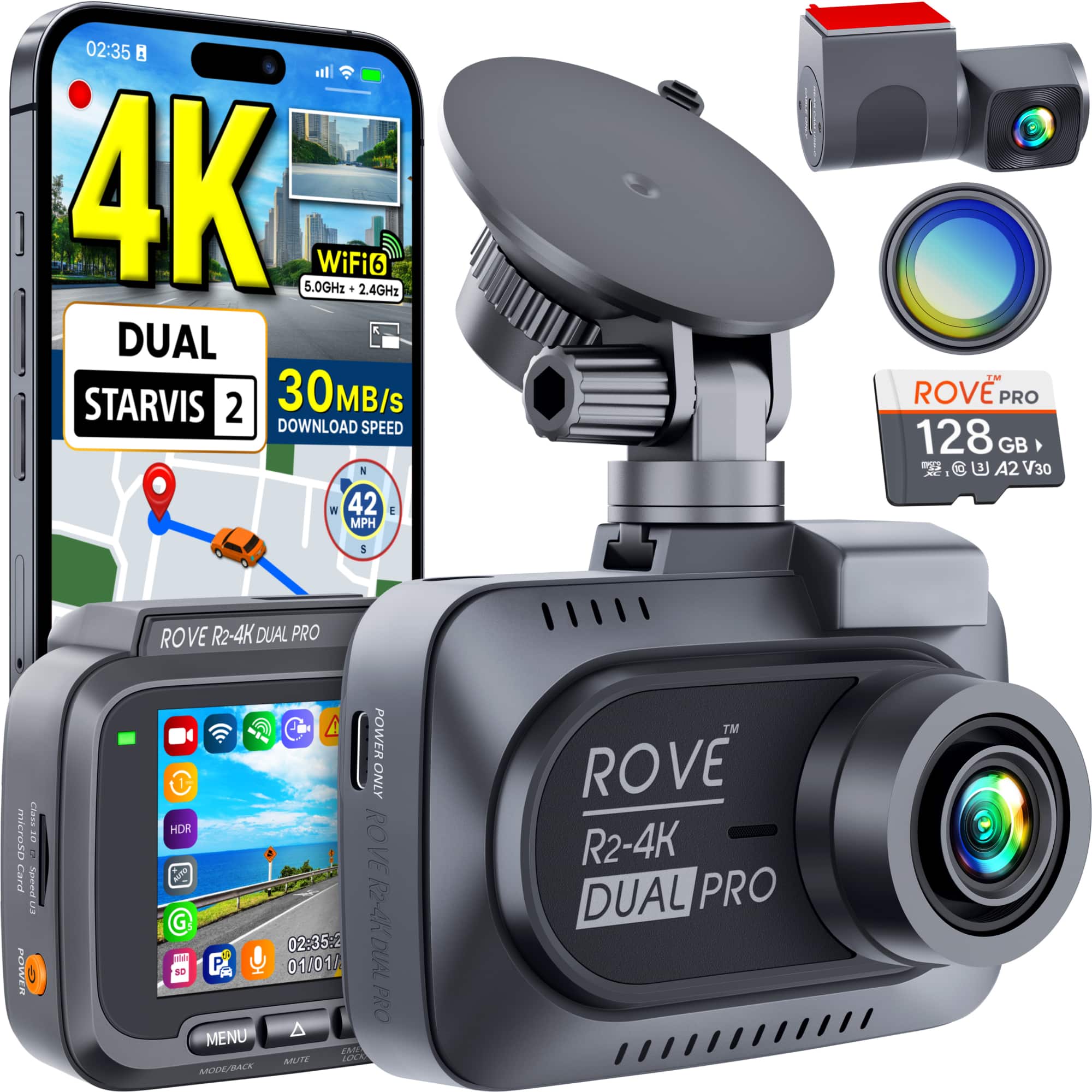 ROVE - R2-4K DUAL PRO Dash Cam Front and Rear, True 4K + 2K, Dual STARVIS 2 Sensors, WiFi 6, Free 128GB Card + CPL, 30MB/s - Black