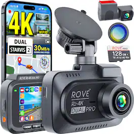 ROVE - R2-4K DUAL PRO Dash Cam Front and Rear, True 4K + 2K, Dual STARVIS 2 Sensors, WiFi 6, Free 128GB Card + CPL, 30MB/s - Black