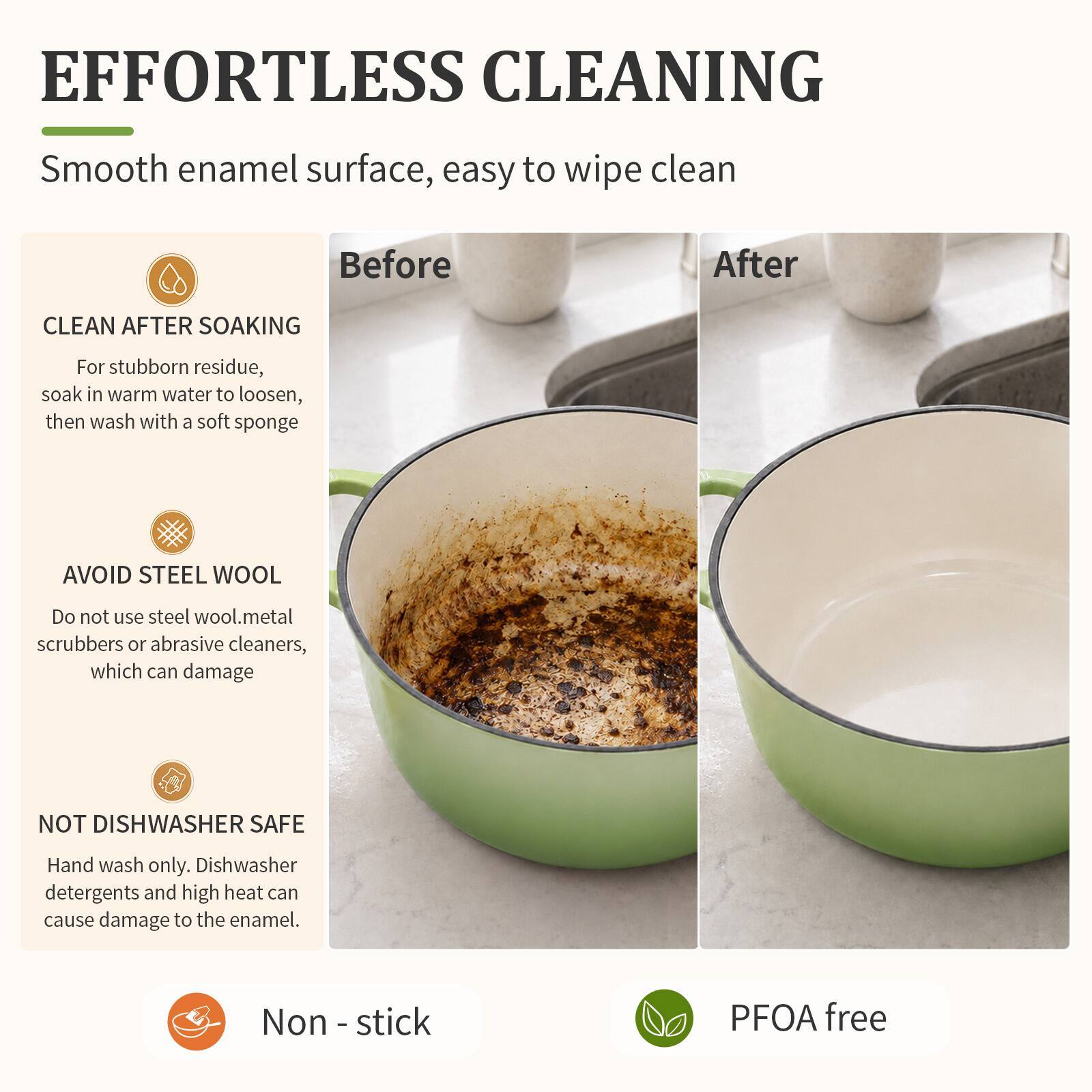 EFFORTLESS CLEANING  
Smooth enamel surface, easy to wipe clean

Before  
After

CLEAN AFTER SOAKING  
For stubborn residue, soak in warm water to loosen, then wash with a soft sponge

AVOID STEEL WOOL  
Do not use steel wool, metal scrubbers or abrasive cleaners, which can damage

NOT DISHWASHER SAFE  
Hand wash only. Dishwasher detergents and high heat can cause damage to the enamel.

Non-stick  
PFOA free