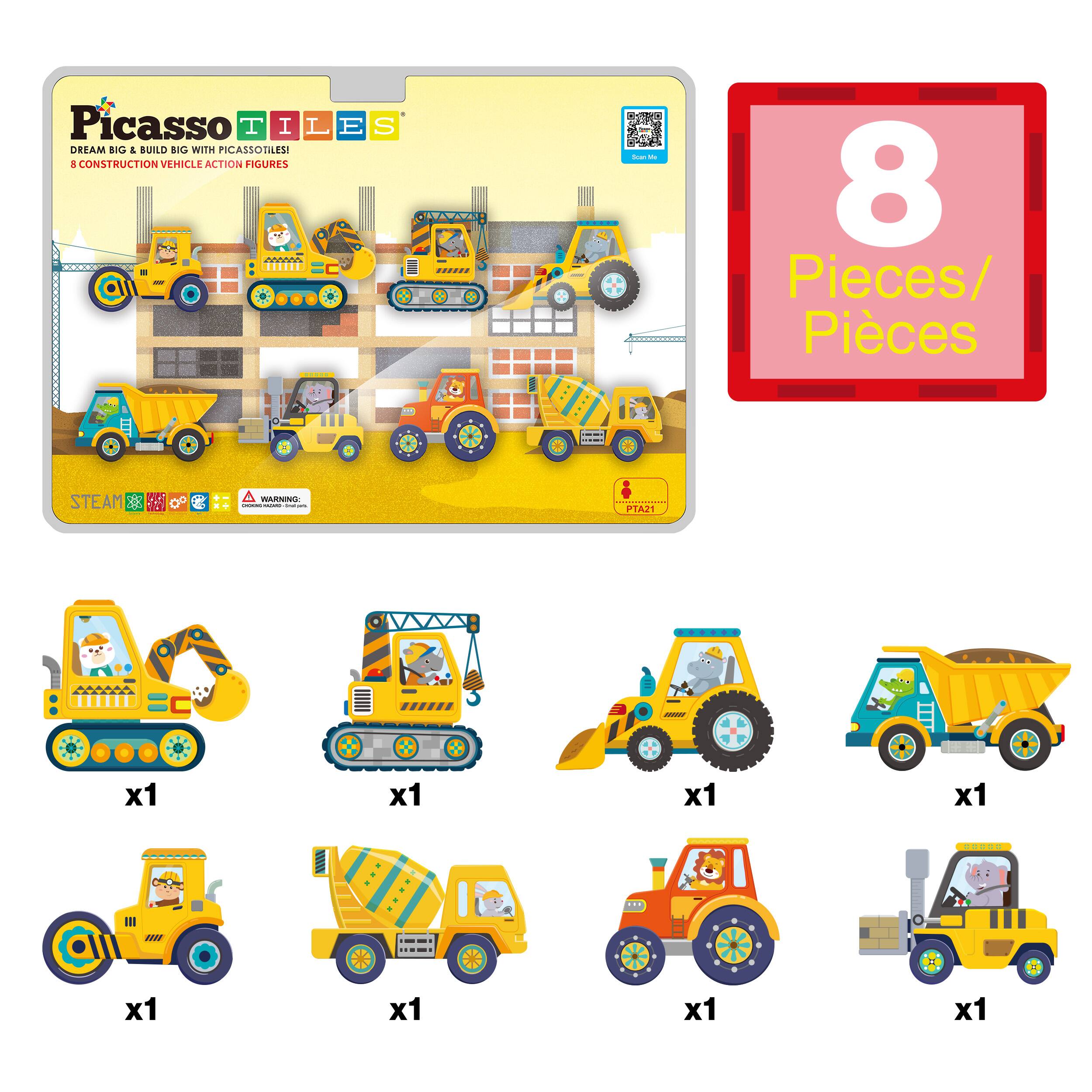 Picasso Tiles  
Dream Big & Build Big with PicassoTiles!  
8 Construction Vehicle Action Figures  

8 Pieces/Pieces  

STEAM  
WARNING  

x1  
x1  
x1  
x1  
x1  
x1  
x1  
x1