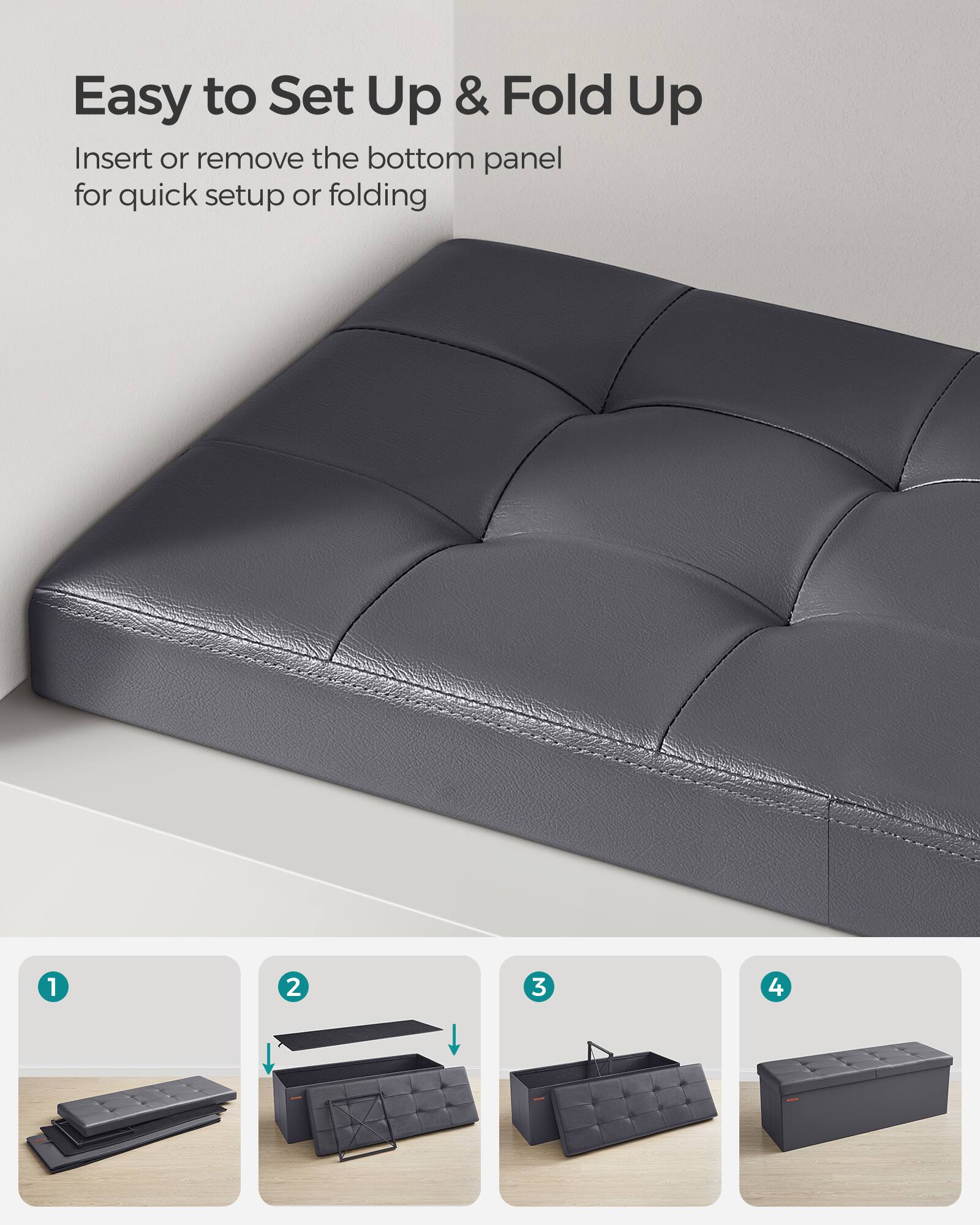 Easy to Set Up & Fold Up

Insert or remove the bottom panel for quick setup or folding

1. [Image of the bottom panel removed]
2. [Image of the bottom panel being inserted]
3. [Image of the bottom panel fully inserted]
4. [Image of the sofa fully assembled]