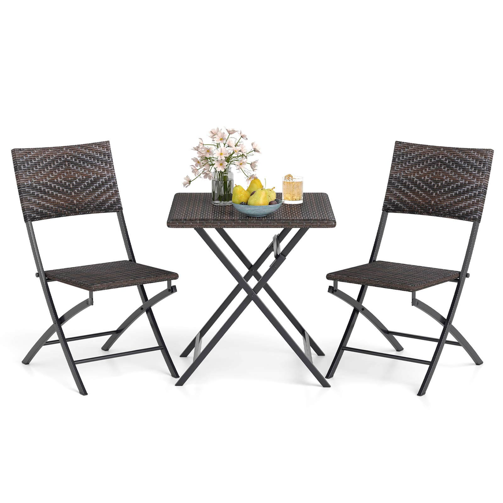 Costway - 3 PCS Rattan Bistro Set with Wicker Seat & Tabletop for Backyard, Garden, Balcony - Mix Brown
