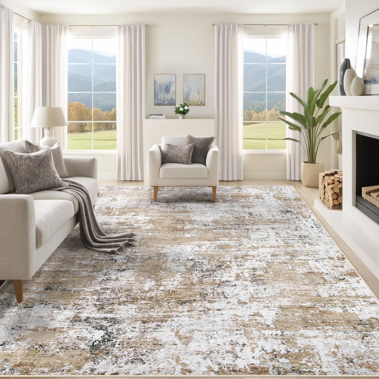 Front. Homhougo - 8x10 Area Rug for Living Room, Washable Modern Abstract Large Rug, Soft Non Slip Indoor Carpet for Bedroom - Beige.