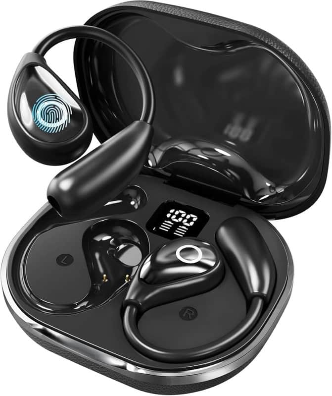 RISOKEYS - Open-Ear Wireless Bluetooth Earbuds, with LED Digital Display Charging Case,Lightweight,for Running & Commuting,Black