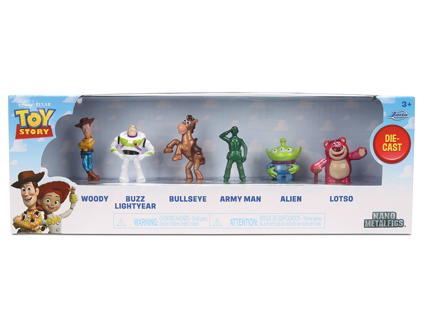 Disney PIXAR TOY STORY 3+ Jada DIE-CAST WOODY BUZZ BULLSEYE ARMY MAN ALIEN LOTSO LIGHTYEAR  
CHOKING HAZARD- Small parts  
RISQUE DE SUFFOCATION Petites pièces  
WARNING: Not for children under 3 years.  
ATTENTION: Ne convient pas aux enfants de moins de 3 ans.  
METALFIGS.