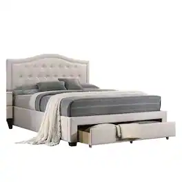 Manhattan Lane - Buk Upholstered Tufted Full Bed with Storage, Nailhead Trim, Burlap - Ivory