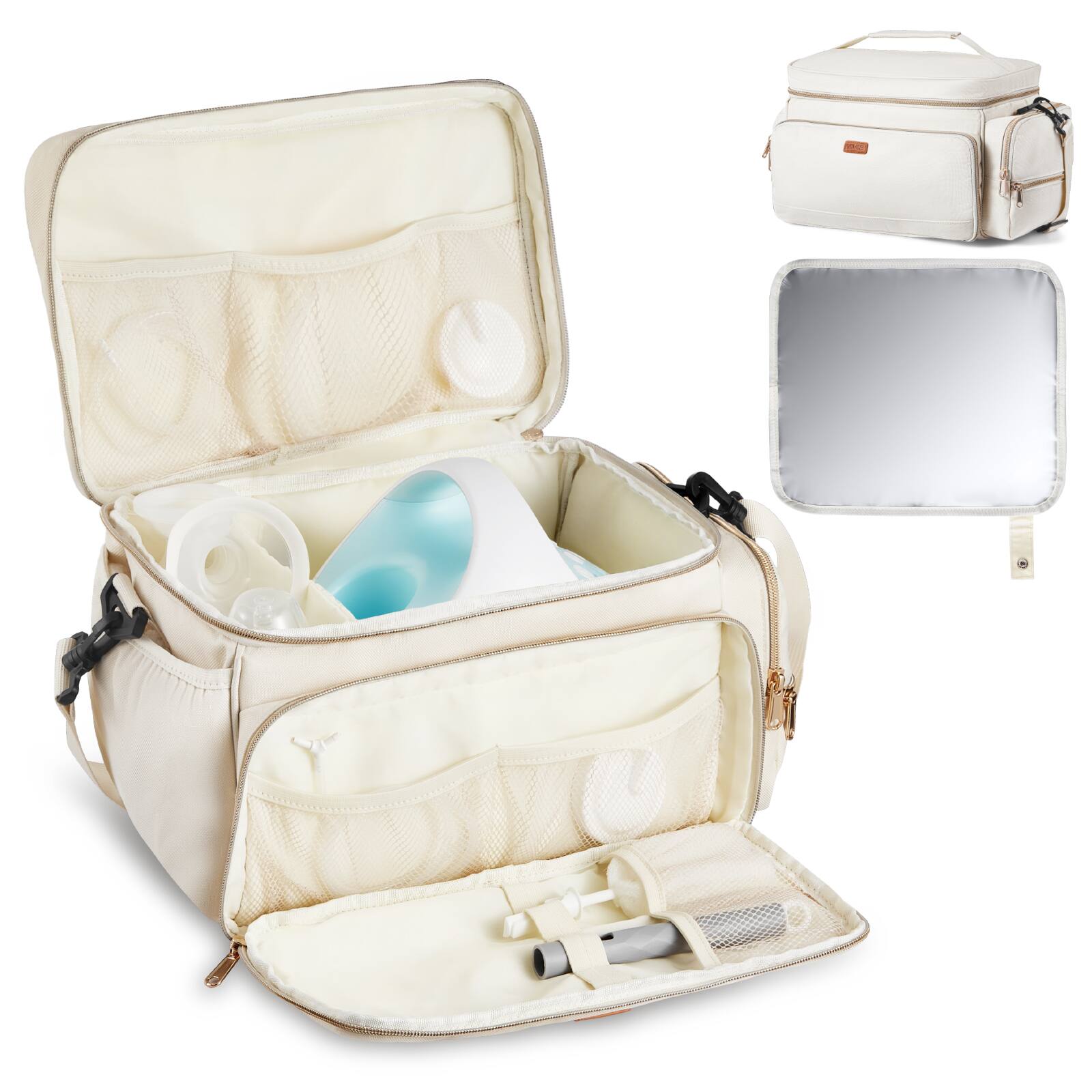 VEVOR - Breast Pump Bag, Breast Feeding Bag with Waterproof Mat, Fits for S1/S2, Pumping Accessories & Breastmilk Storage - Beige