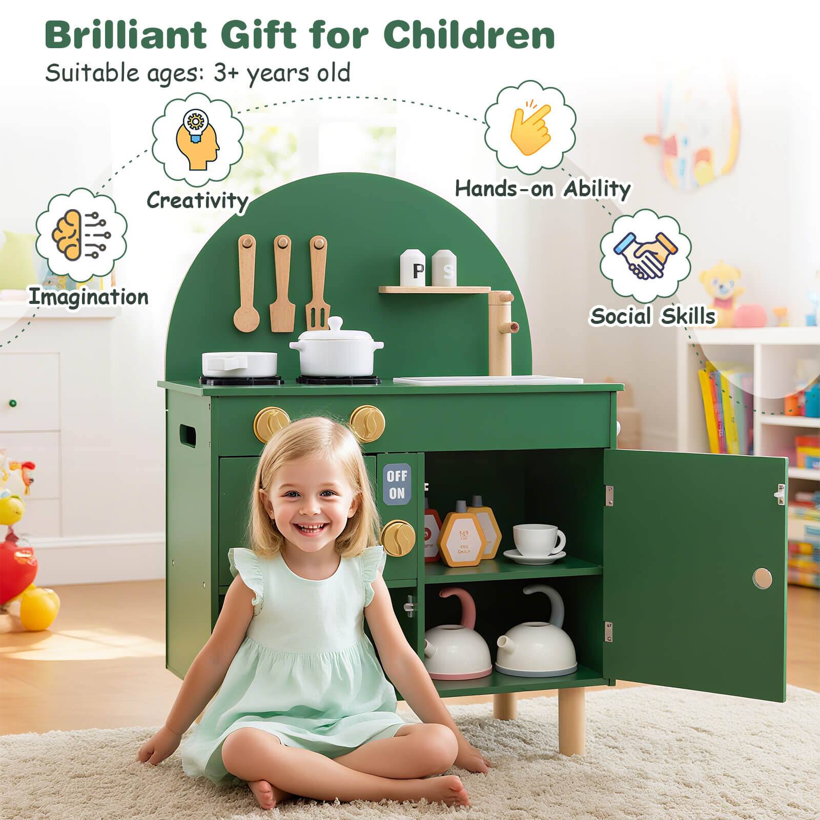 Alt View 9. Costway - Costway Play Kitchen for Kids with Stoves Faucet Sink Microwave Oven Cooking Accessories - Green.