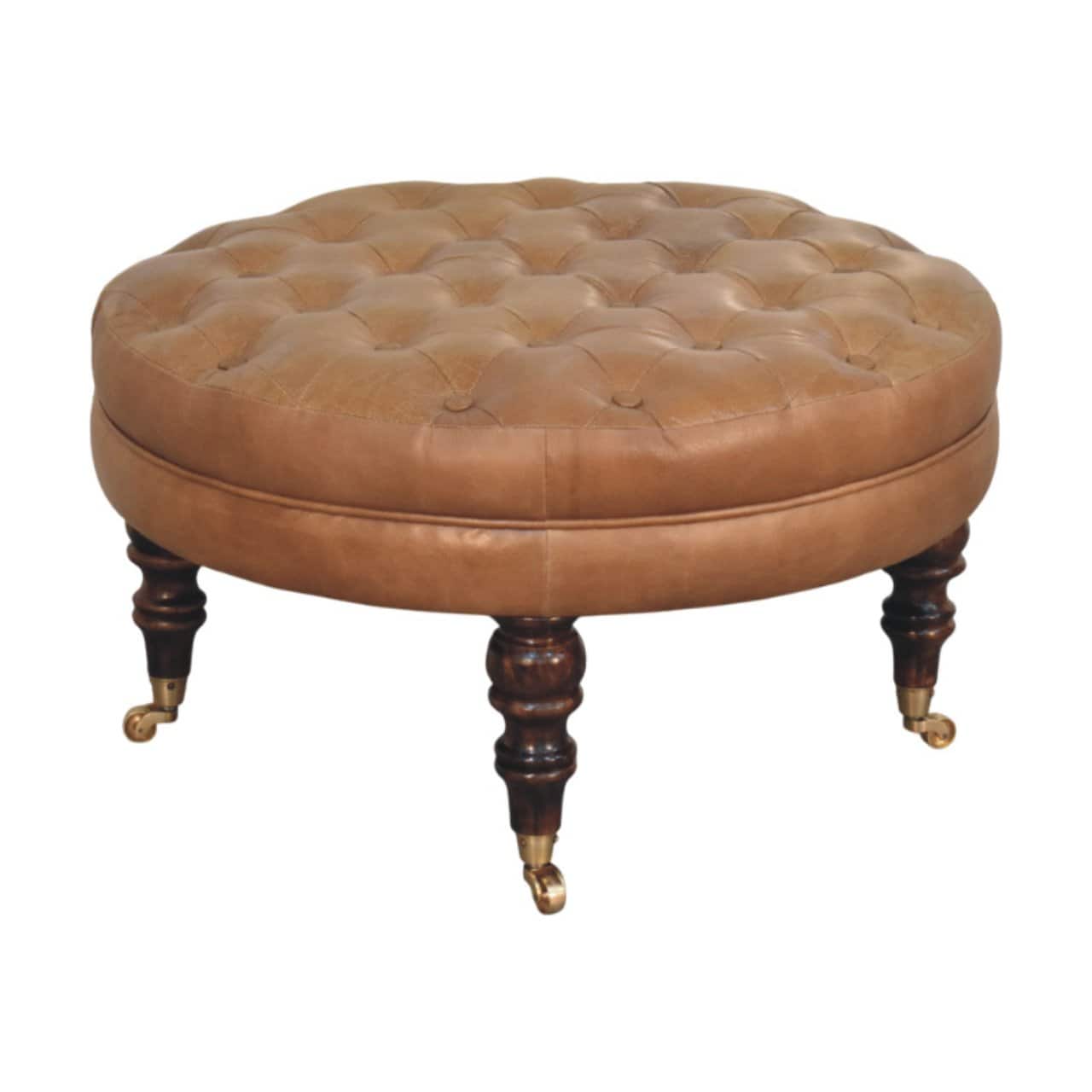 Artisan Furniture - Solid Wood Buffalo Leather Round Ottoman with Castor Legs, Upholstered - Brown