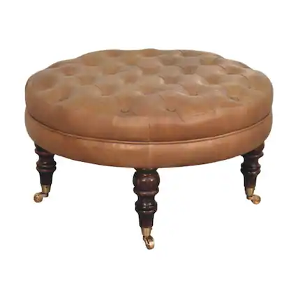 Front. Artisan Furniture - Artisan Furniture Solid Wood Brown Buffalo Leather Round Ottoman with Castor Legs, Upholstered, Brown - Brown.