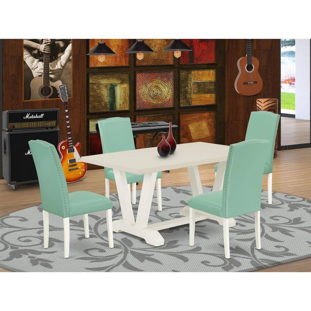 Alt View 3. East West Furniture - V026EN257-5 5 Pc Dining Room Set Contains a Linen White Dining Table and 4 Pond PU Leather Dining Chairs with High Back - Multi-Color.
