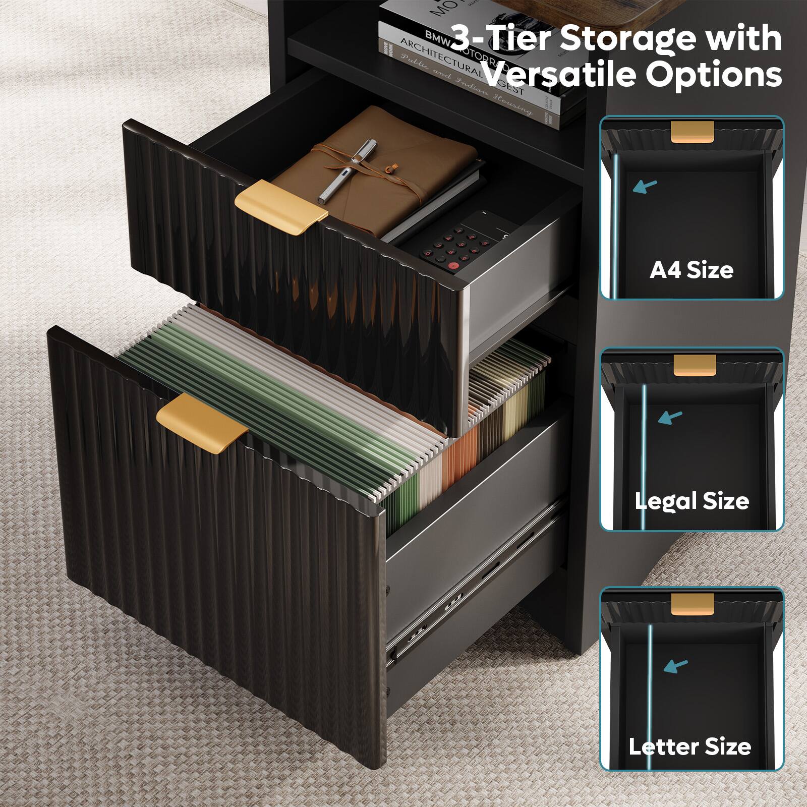 3-Tier Storage with Versatile Options:
1. A4 Size
2. Legal Size
3. Letter Size