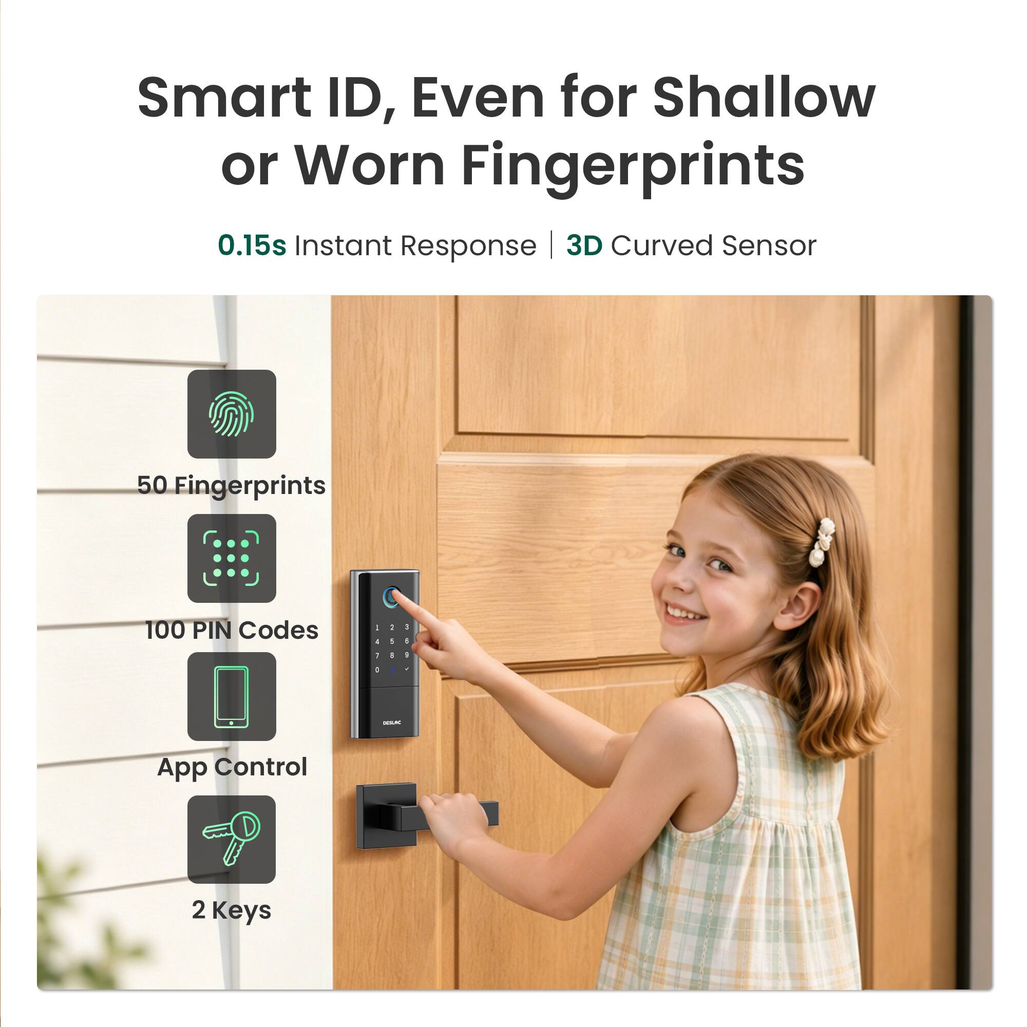 Smart ID, Even for Shallow or Worn Fingerprints  
0.15s Instant Response | 3D Curved Sensor  
50 Fingerprints  
100 PIN Codes  
App Control  
2 Keys