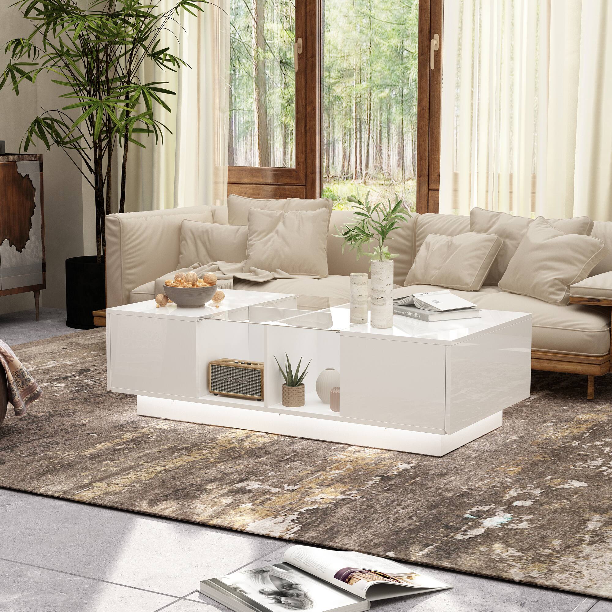 Alt View 7. FUFU&GAGA - Modern LED Coffee Table with Storage Drawers and Open Shelves for Living Room Organization and Ambient Lighting - White.