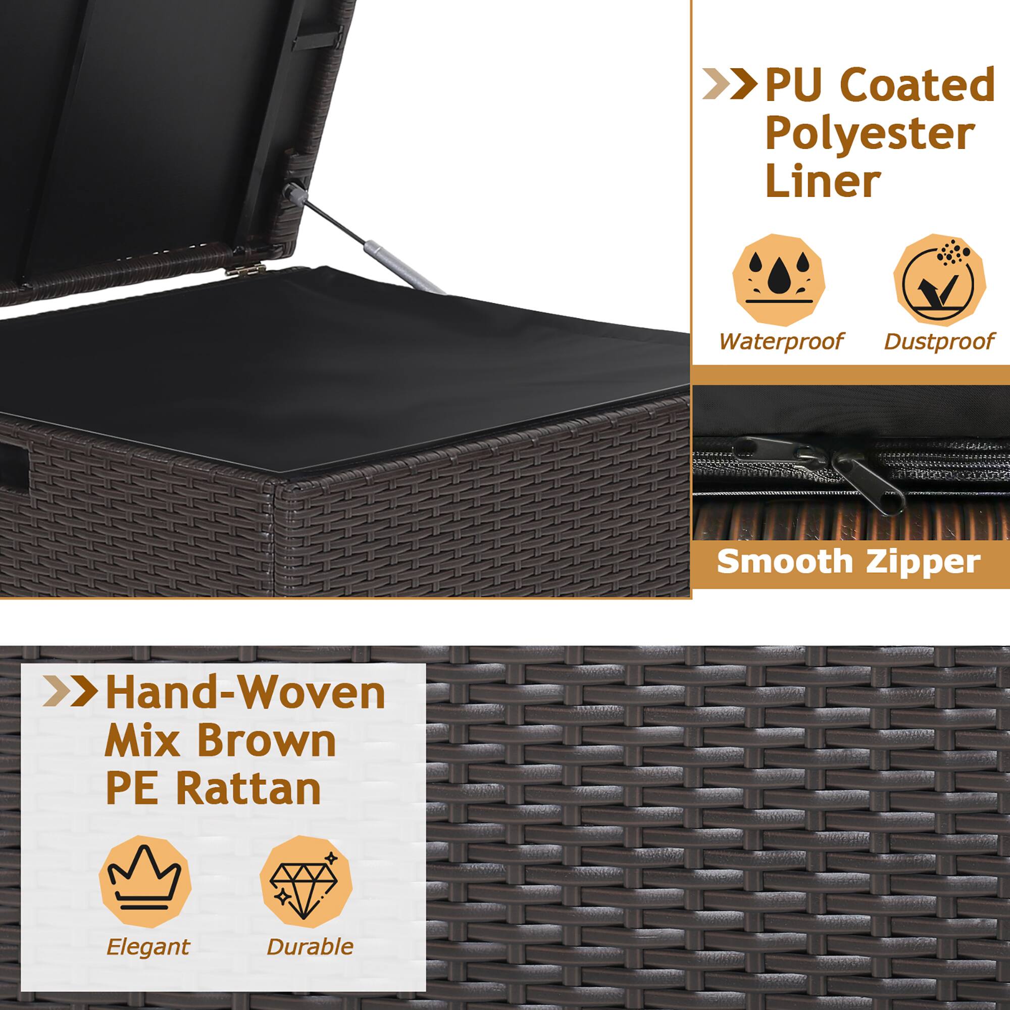 - PU Coated Polyester Liner
  - Waterproof
  - Dustproof
  - Smooth Zipper

- Hand-Woven Mix Brown PE Rattan
  - Elegant
  - Durable