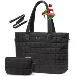 ESBANY - Laptop Tote Bag for Women,Quilted Puffer Laptop Bag Purse Light Computer Travel Work Tote Bags for Women with Zipper - Black