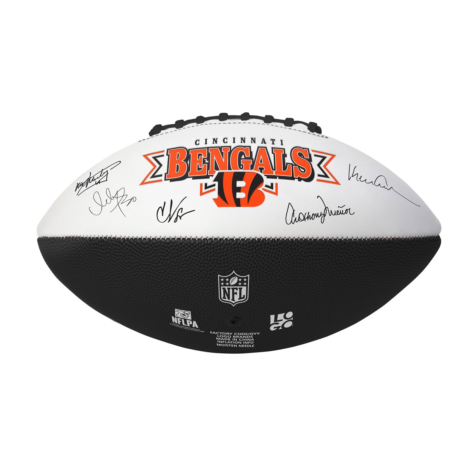 CINCINNATI BENGALS

NFL
NFLPA

FACTORY CODE/YY
LOADING
MADE IN CHINA
MOISTURE CONTROL

MODE/0YY
MADE IN CHINA
NEPPLIE