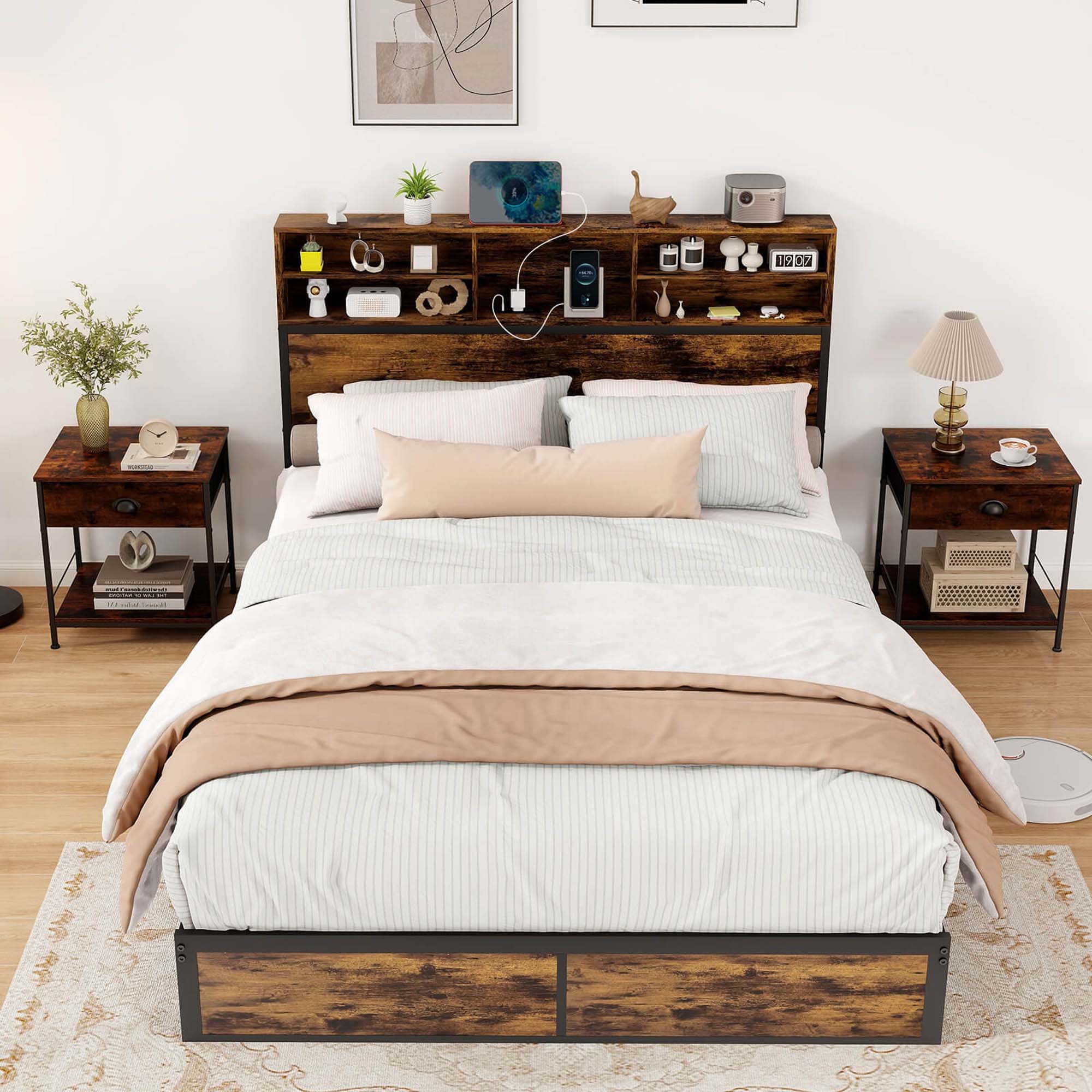Alt View 2. Costway - Costway Queen Bed Frame with Charging Station Storage Headboard Under-bed Storage Space - Brown.
