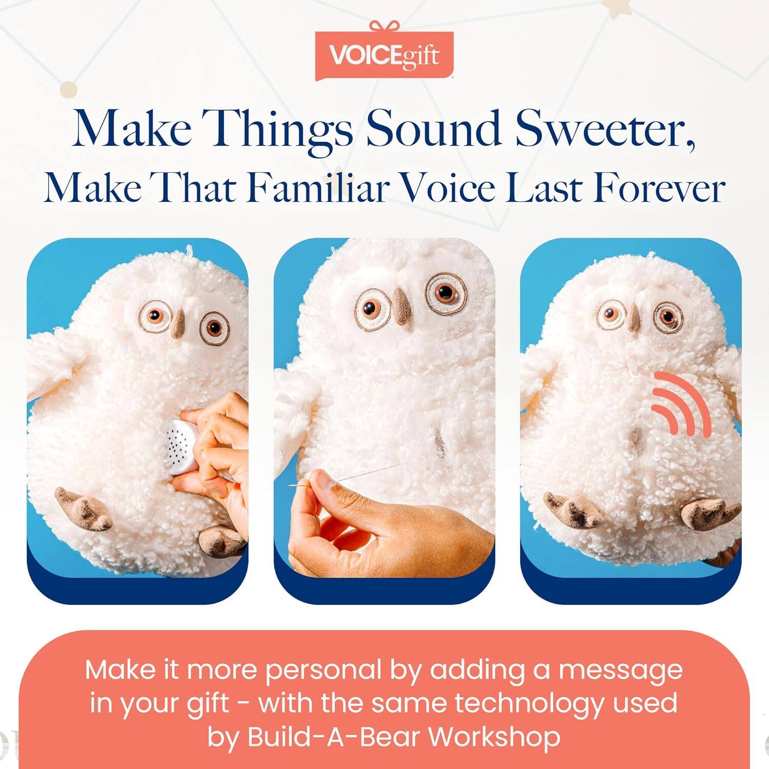 VOICEgift

Make Things Sound Sweeter,  
Make That Familiar Voice Last Forever

Make it more personal by adding a message in your gift – with the same technology used by Build-A-Bear Workshop