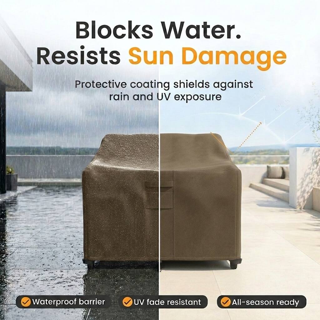 Blocks Water.  
Resists Sun Damage  

Protective coating shields against rain and UV exposure  

Waterproof barrier  
UV fade resistant  
All-season ready