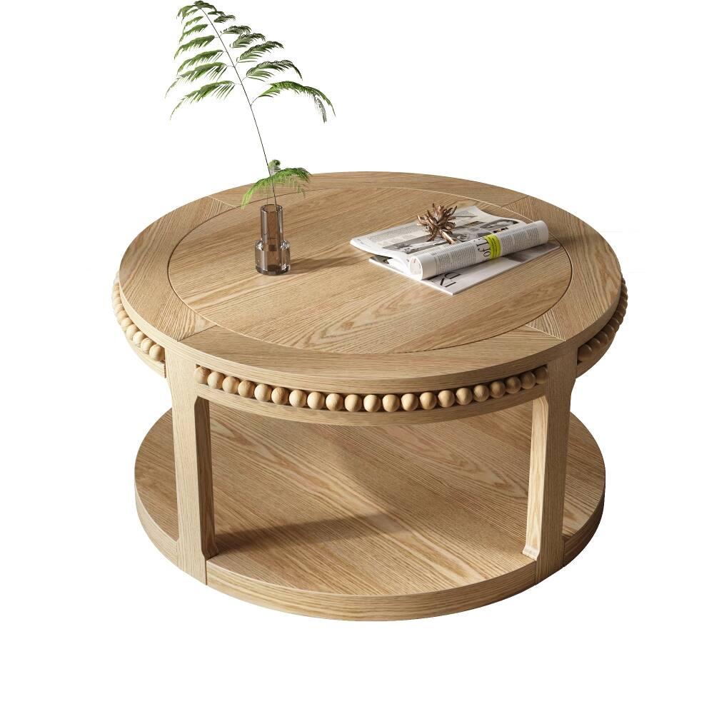 Alt View 7. Loheer - Loheer 31.5 inch round solid wood coffee table Two-Tier Open Storage - Natural Wood.