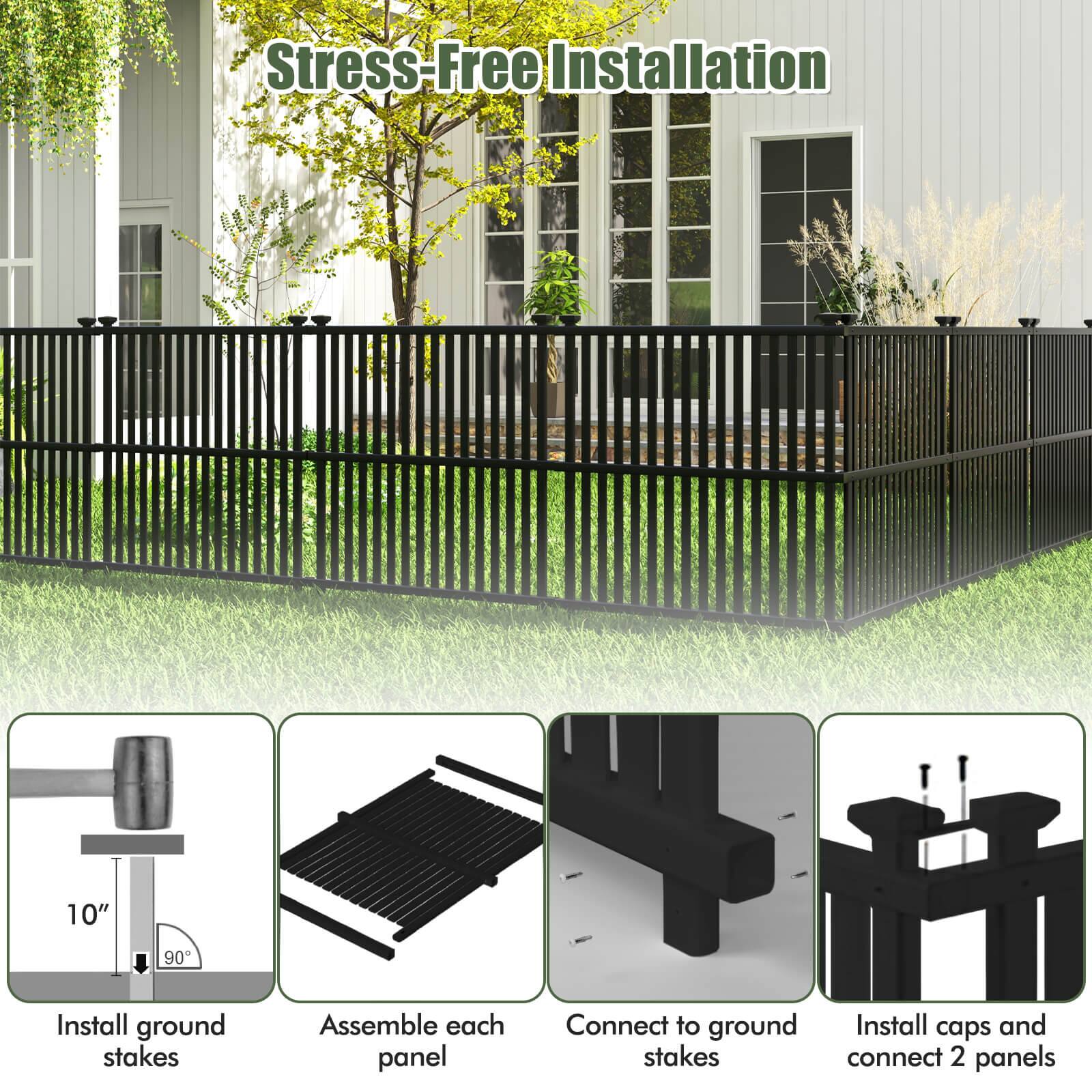 The text on the image is grouped and corrected as follows:

1. Stress-Free Installation: This refers to the ease of installing the fence, which is designed for a hassle-free experience.
2. 10" 90 Install: This indicates that the fence is designed to be installed at a 90-degree angle, with a 10-inch height.
3. Install ground stakes: This refers to the installation of stakes that are buried in the ground to secure the fence.
4. Assemble each panel: This refers to the process of putting together the individual panels of the fence.
5. Connect to ground: This refers to connecting the fence to the ground using the stakes.
6. Install caps and stakes: This refers to the installation of caps on the stakes to protect the ground and provide a secure connection.
7. Connect 2 panels: This refers to the process of connecting two panels of the fence together.