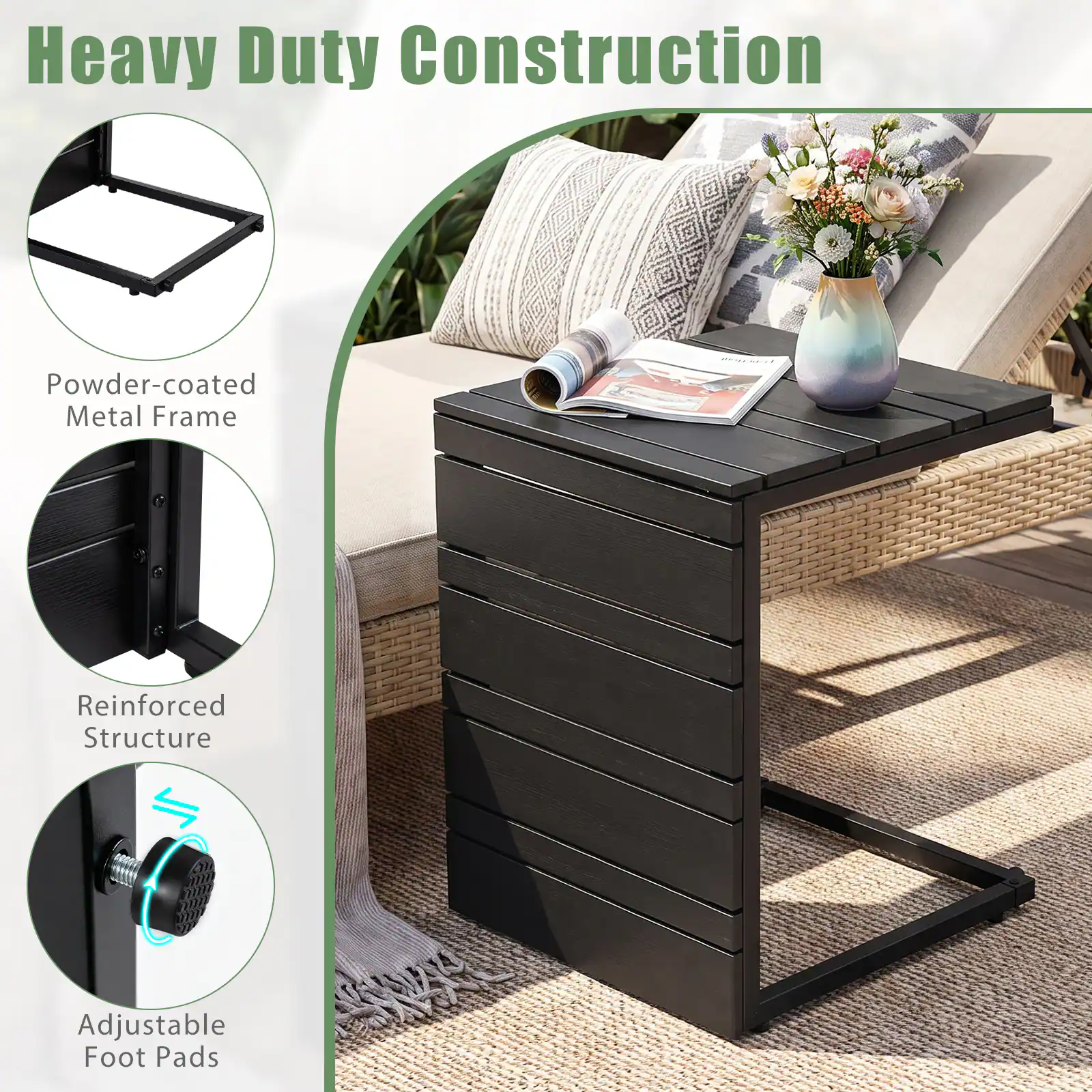 Heavy Duty Construction  
Powder-coated Metal Frame  
Reinforced Structure  
Adjustable Foot Pads