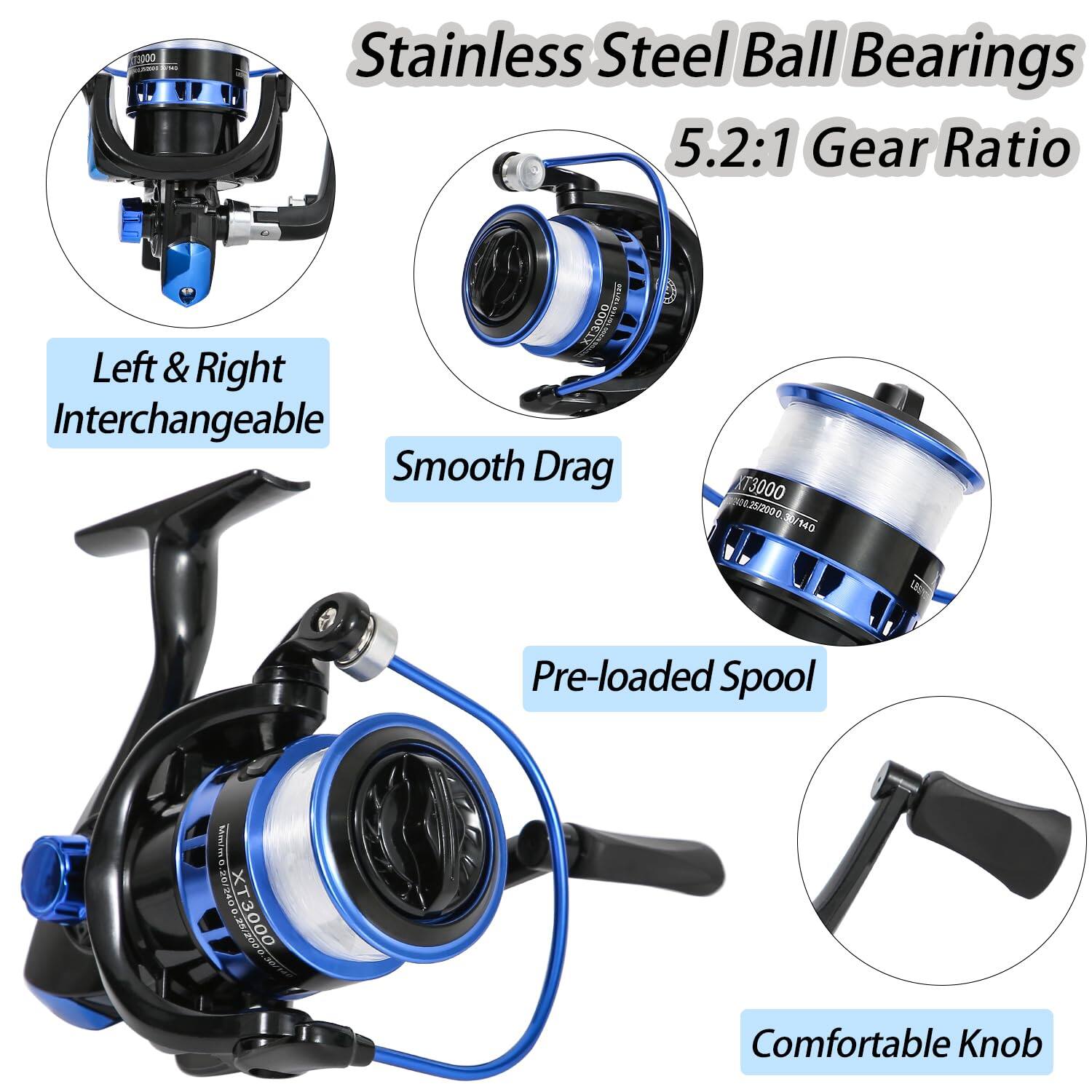 - Stainless Steel Ball Bearings
- 5.2:1 Gear Ratio
- Left & Right Interchangeable
- Smooth Drag
- Pre-loaded Spool
- Comfortable Knob