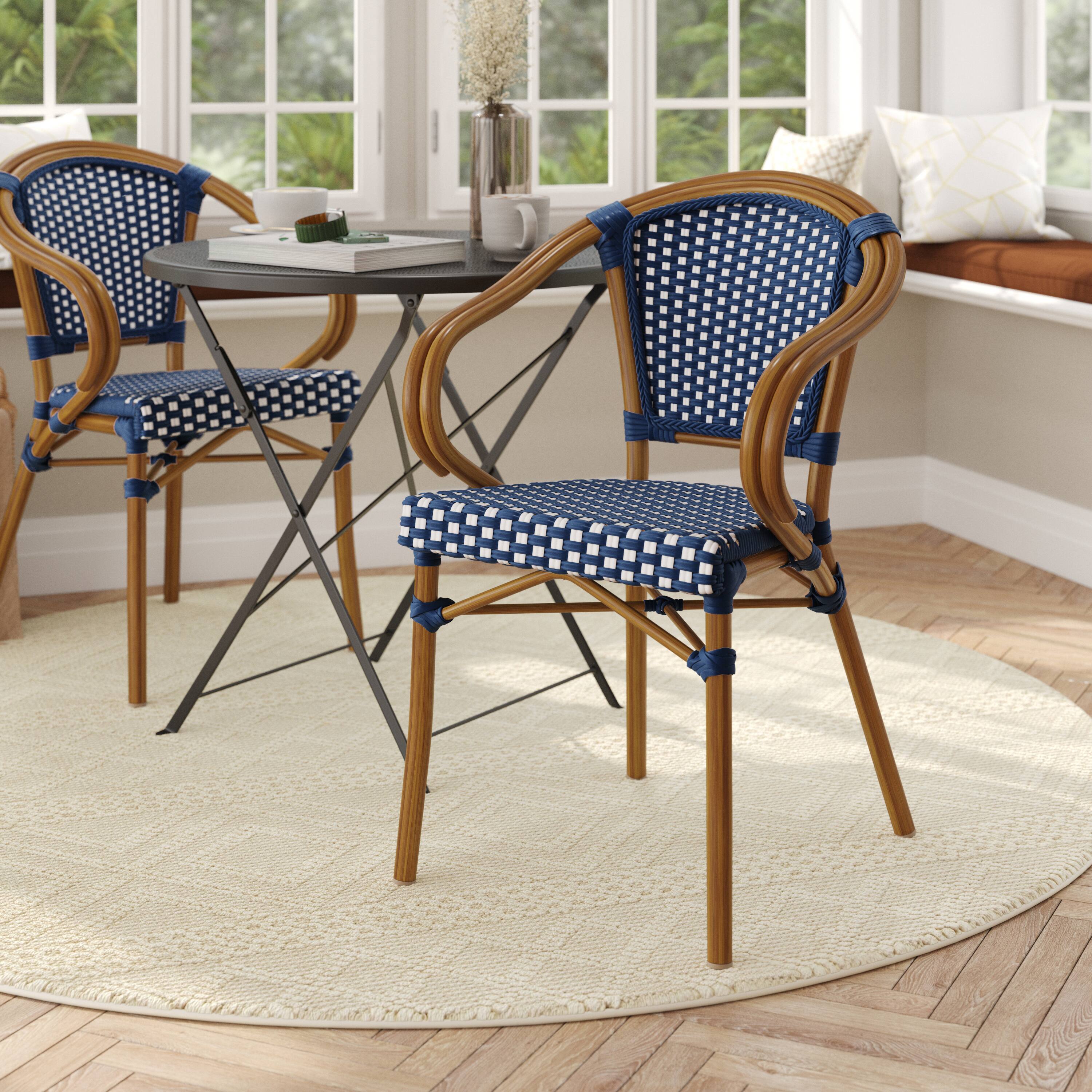 Alt View 1. Flash Furniture - Bordeaux Indoor/Outdoor Commercial Bistro Stacking Chair with Arms, Navy and White PE Rattan and Bamboo Print Aluminum F - Blue.