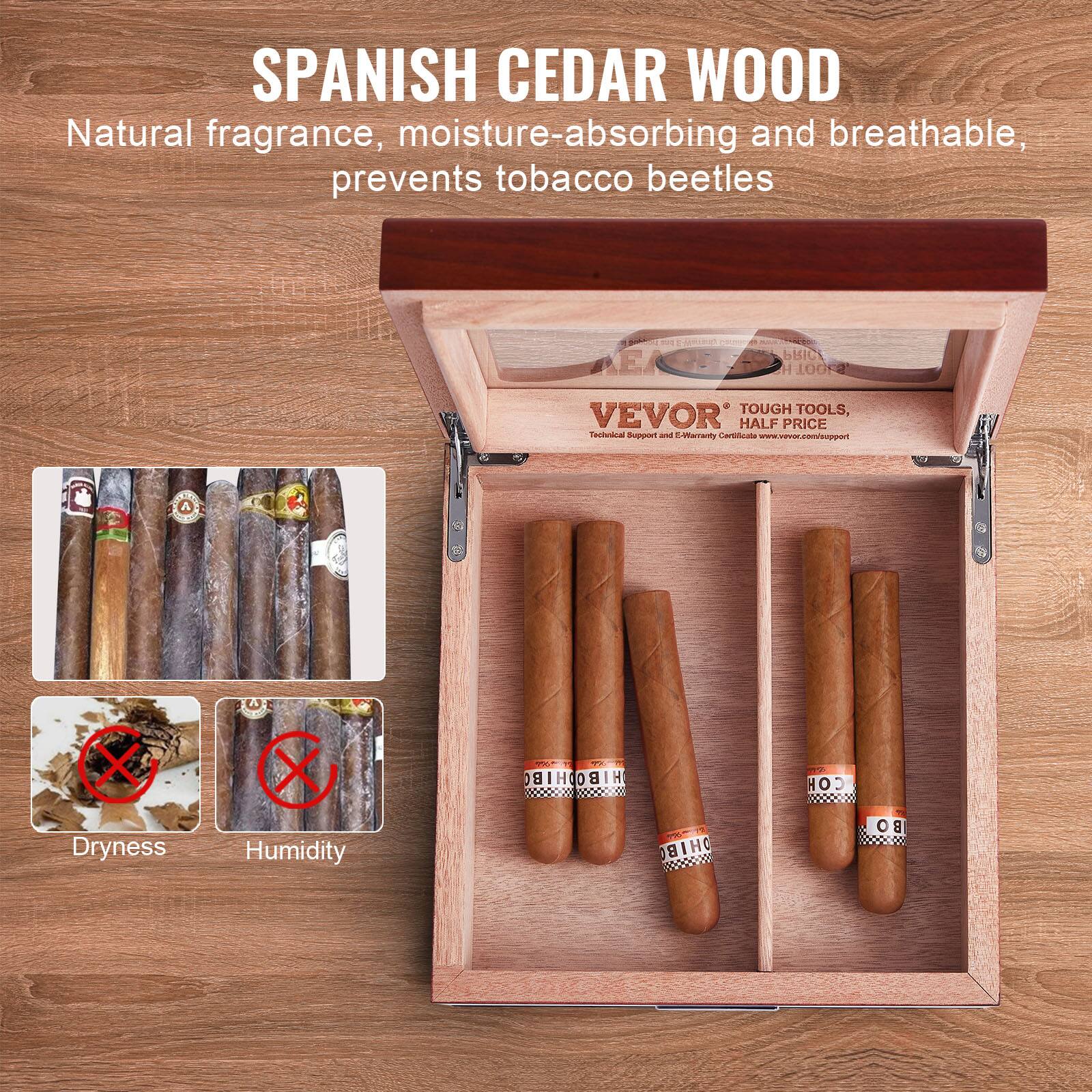 SPANISH CEDAR WOOD  
Natural fragrance, moisture-absorbing and breathable, prevents tobacco beetles  

VEVOR  
TOUGH TOOLS, HALF PRICE  
Technical Support and E Warranty Certificates: www.vevor.com/support  

Dryness  
Humidity