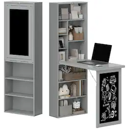 Homcom - Fold-out Convertible Office Desk, Wall Mount Computer Desk with Blackboard and Side Shelf - Charcoal Gray