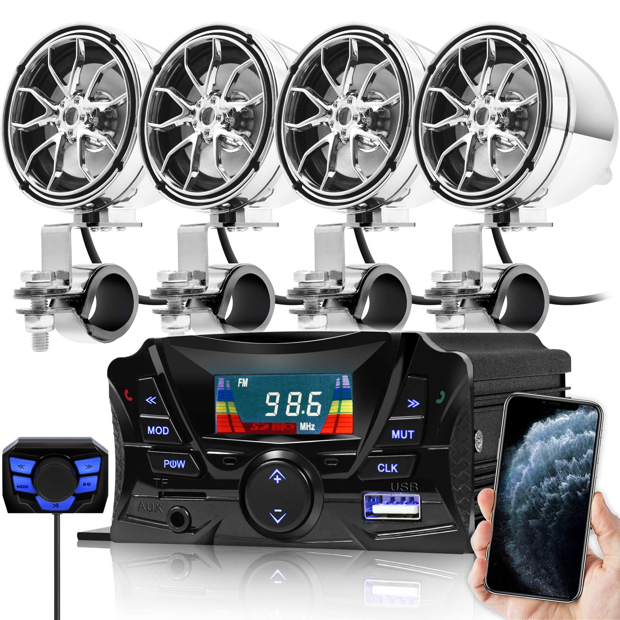 GoHawk - Bluetooth Motorcycle Speakers & Amplifier, 4-Speaker Waterproof Audio System w/ FM Radio, USB, SD for ATV - Chrome