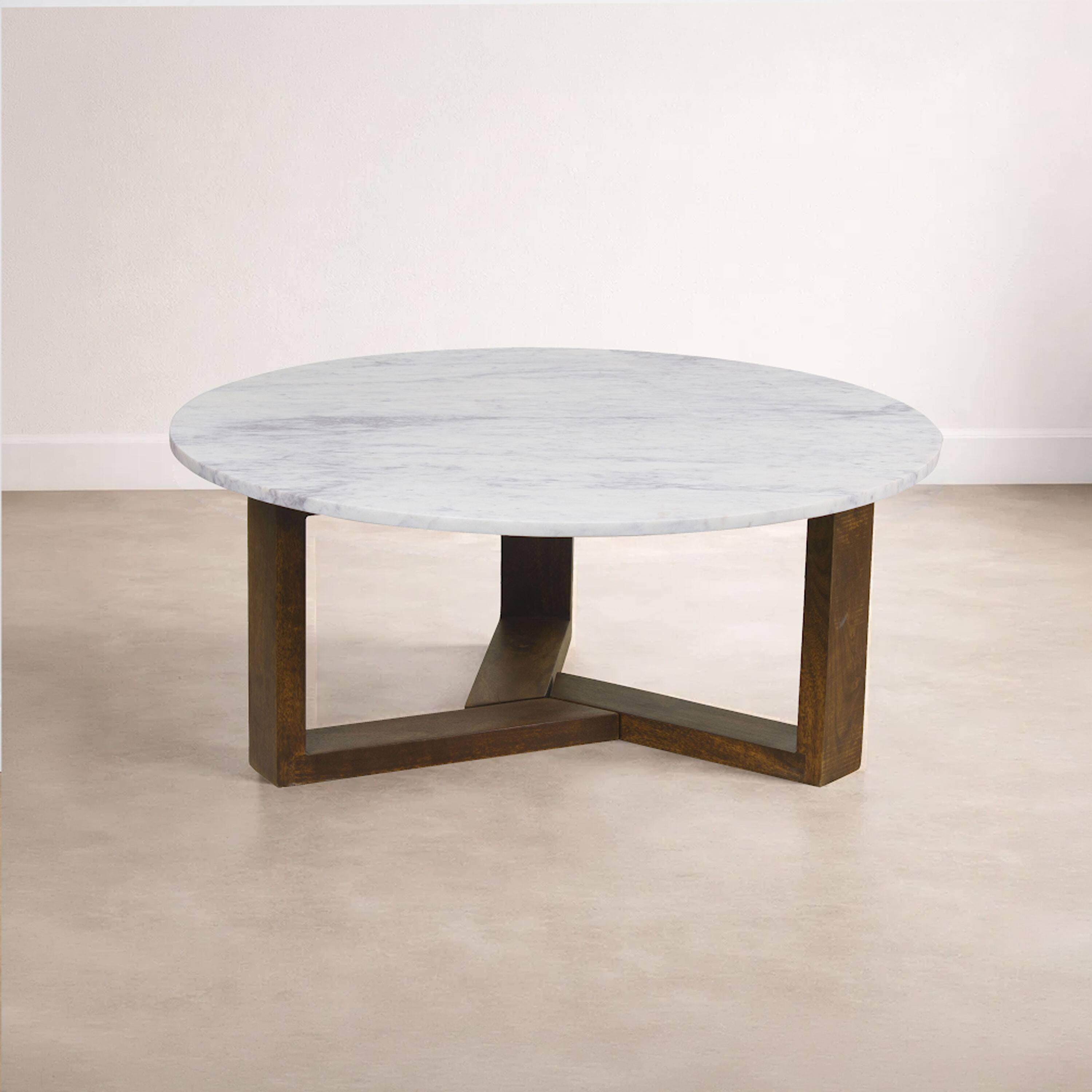Alt View 6. Manhattan Lane - Fina 38 Inch Round Coffee Table, White Genuine Marble Top, Natural Brown Mango Wood 3 Leg Sled Base - White, Natural Brown.