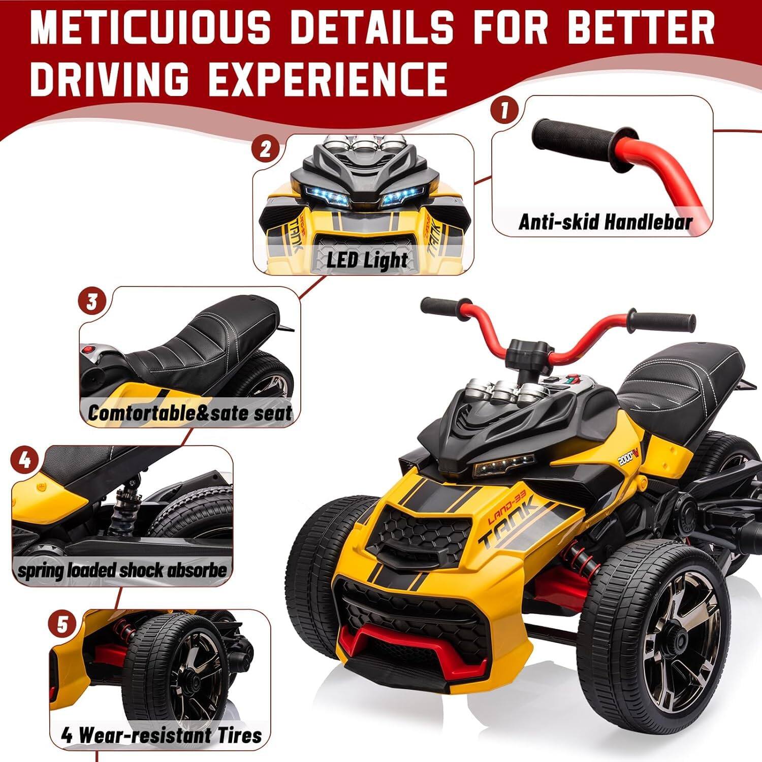 1. Anti-skid Handlebar  
2. LED Light  
3. Comfortable & Safe Seat  
4. Spring Loaded Shock Absorber  
5. 4 Wear-resistant Tires