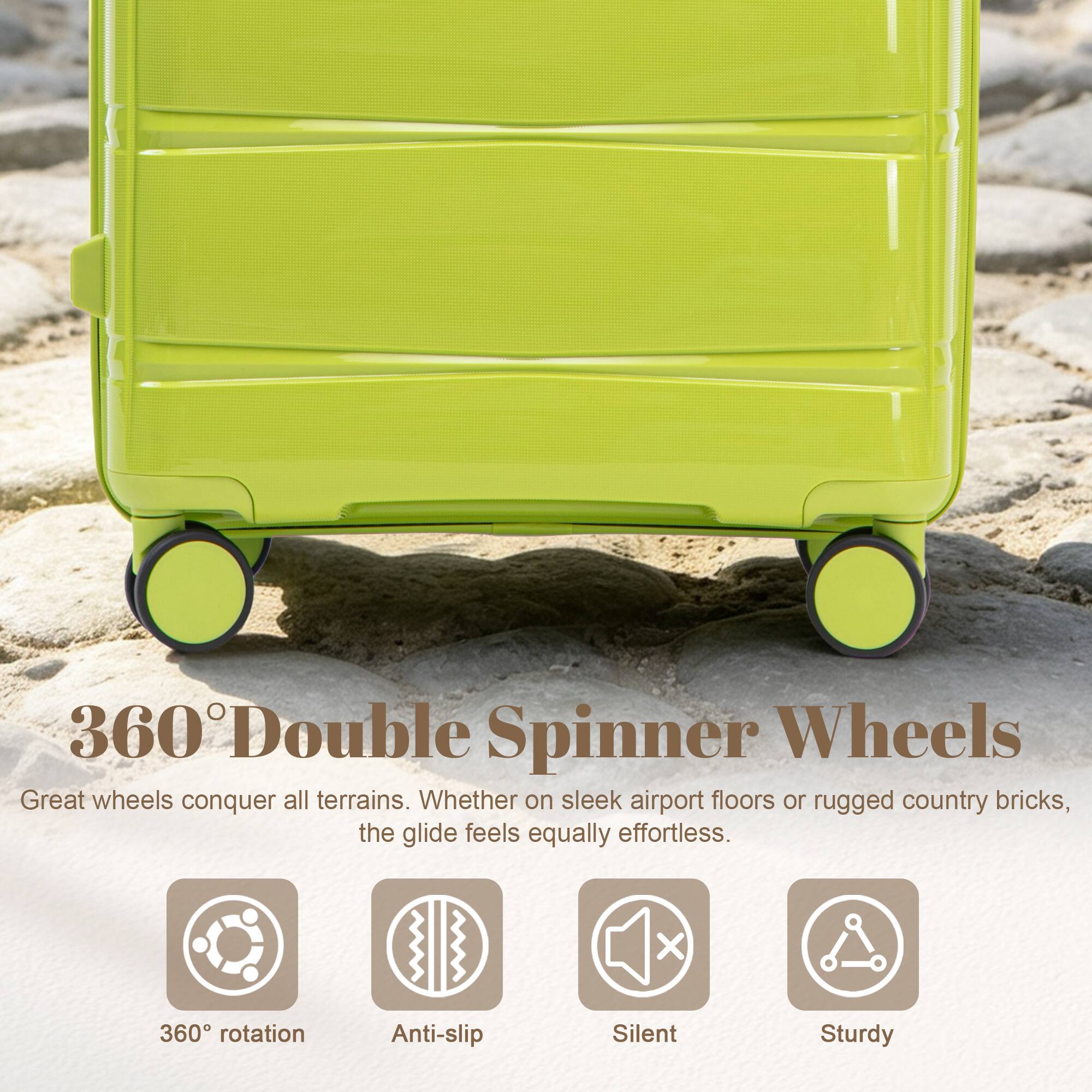 360° Double Spinner Wheels

Great wheels conquer all terrains. Whether on sleek airport floors or rugged country bricks, the glide feels equally effortless.

- 360° rotation
- Anti-slip
- Silent
- Sturdy
