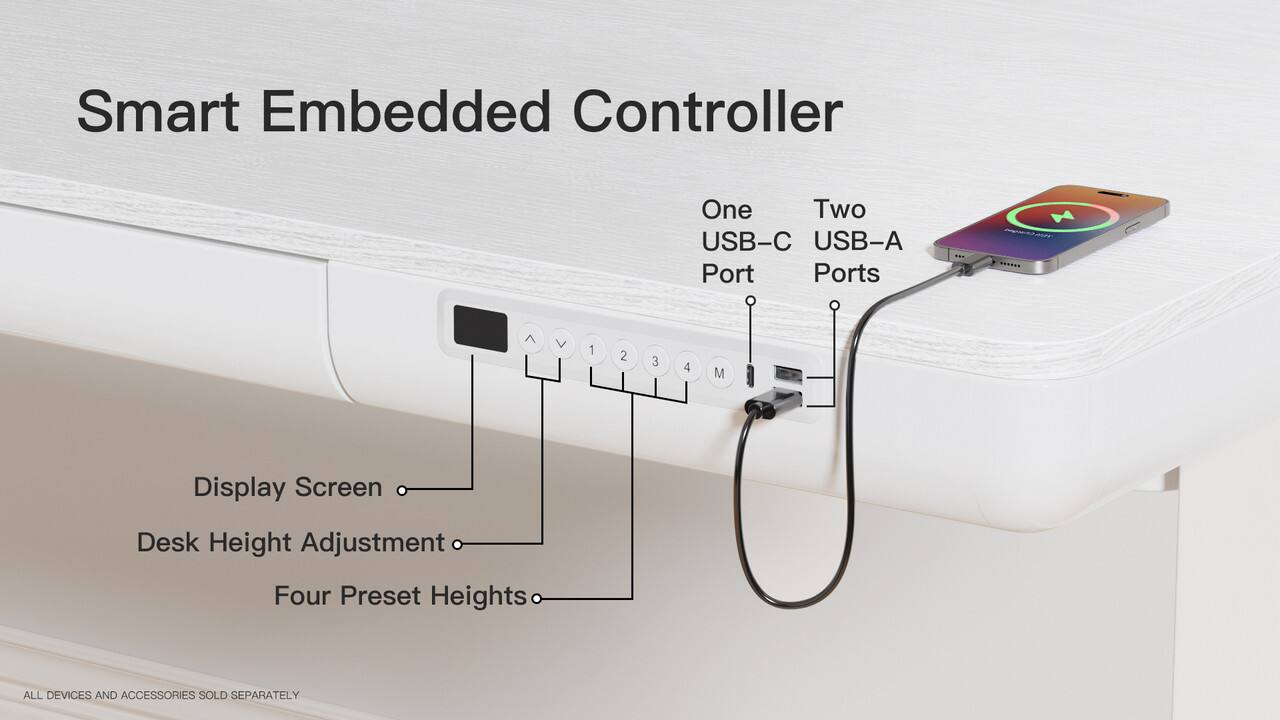 Smart Embedded Controller

- One USB-C Port
- Two USB-A Ports
- Display Screen
- Desk Height Adjustment
- Four Preset Heights

All devices and accessories sold separately.