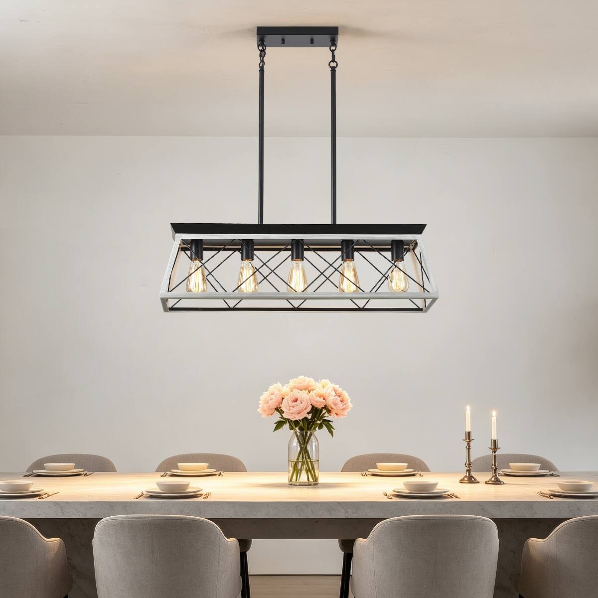 Alt View 8. Loheer - Loheer 5 Light Farmhouse Chandelier White Iron Dining Room Pendant Light for Kitchen Island.