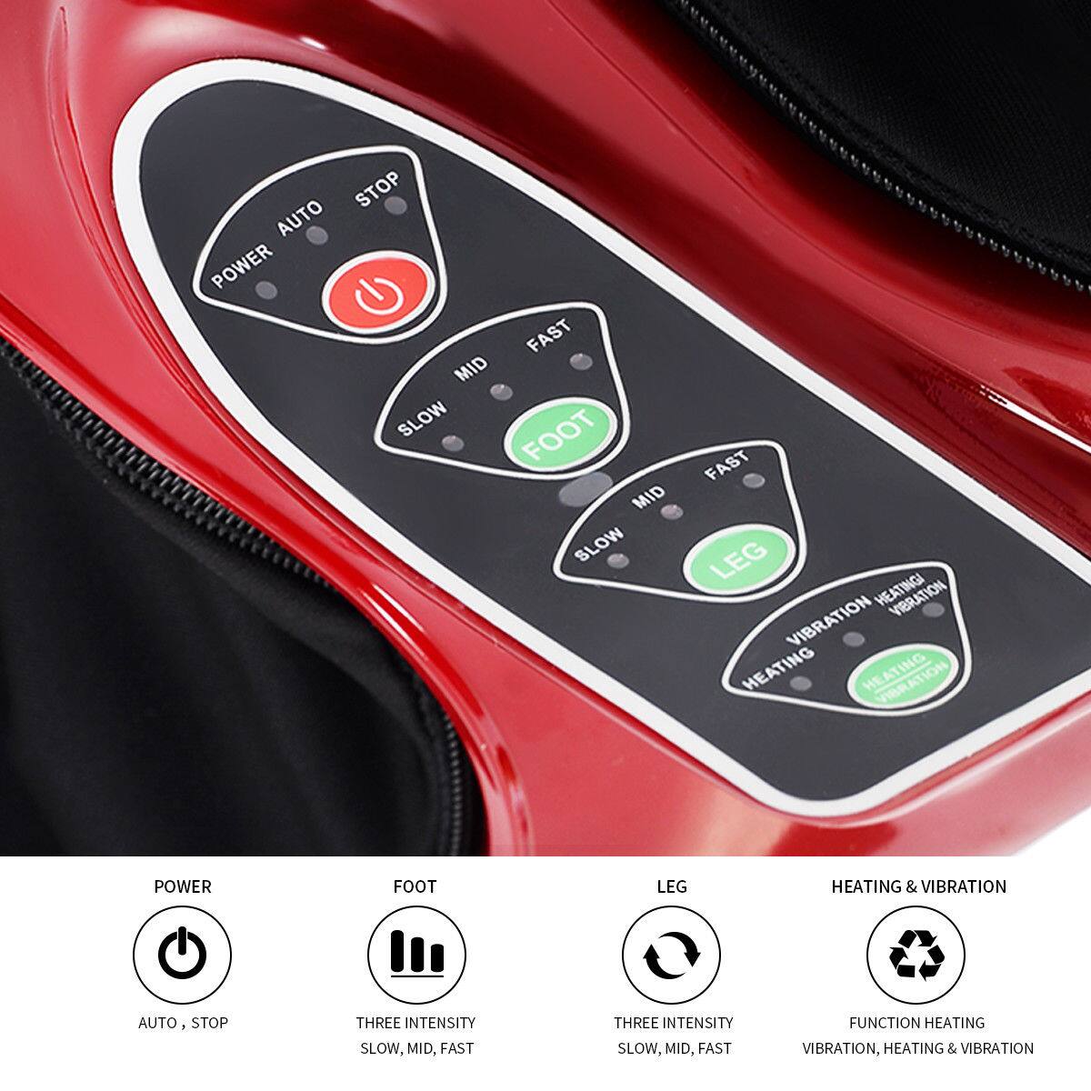 The text on the image can be grouped and corrected as follows:

1. Power: Auto Stop, Three Intensity: Slow, Mid, Fast
2. Foot: Three Intensity: Slow, Mid, Fast
3. Leg: Three Intensity: Slow, Mid, Fast
4. Heating: Three Intensity: Slow, Mid, Fast
5. Vibration: Three Intensity: Slow, Mid, Fast
6. Function: Heating, Vibration, Heating & Vibration

This grouping and correction organize the text into categories and provide a clear understanding of the various features and settings available on the device.