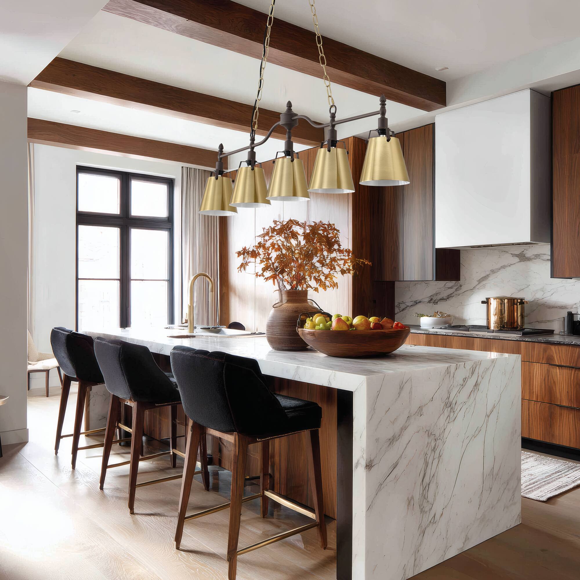 Left. RYHNUYNE - 5-Light Linear Chandelier 47 Inch Large Kitchen Island Pendant Light with Flared Shades Dimmable Farmhouse Lighting - Gold.