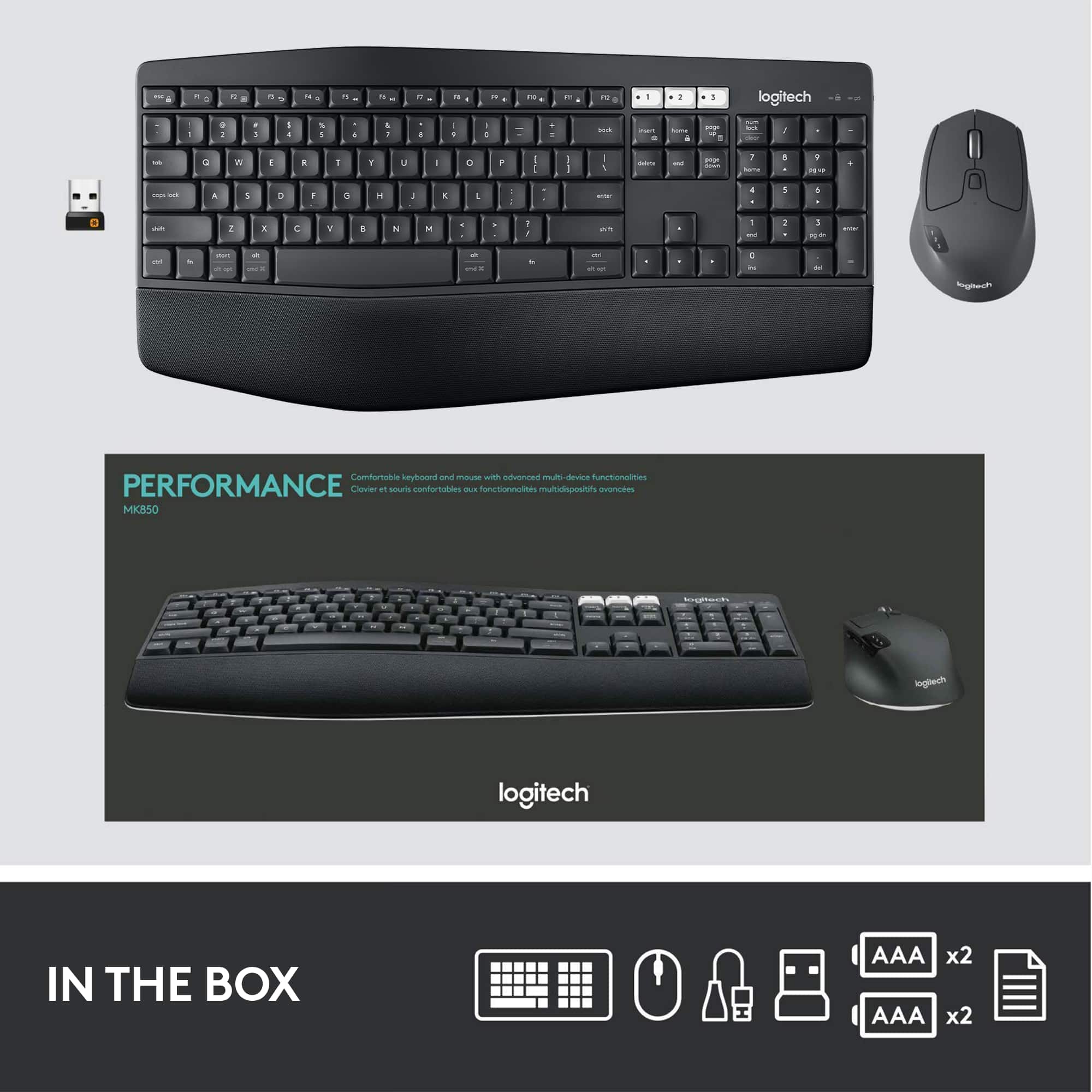 1. 4. - . - . - . - . - . - - - - -- - P . . 1 logitech - . : - - - - a 1 + A 1 - - + 1 - - + - + t - - I - - W E - Y I e . - I I . - - - 1 - 1 d Y - - - - A S C - a 1 - . . - a 1 I - D - : K C a A i M - - -- d - I 1 - - - - - - - . - - Comfortable ergonomic keyboard - mouse w/ avonred nubuck leather - device - Functionalities - PERFORMANCE - Cadular o sours contortatin B functionultes ttium avonces - MKSSO logiech logitech - IN THE BOX - AAA x2 - AAA x2