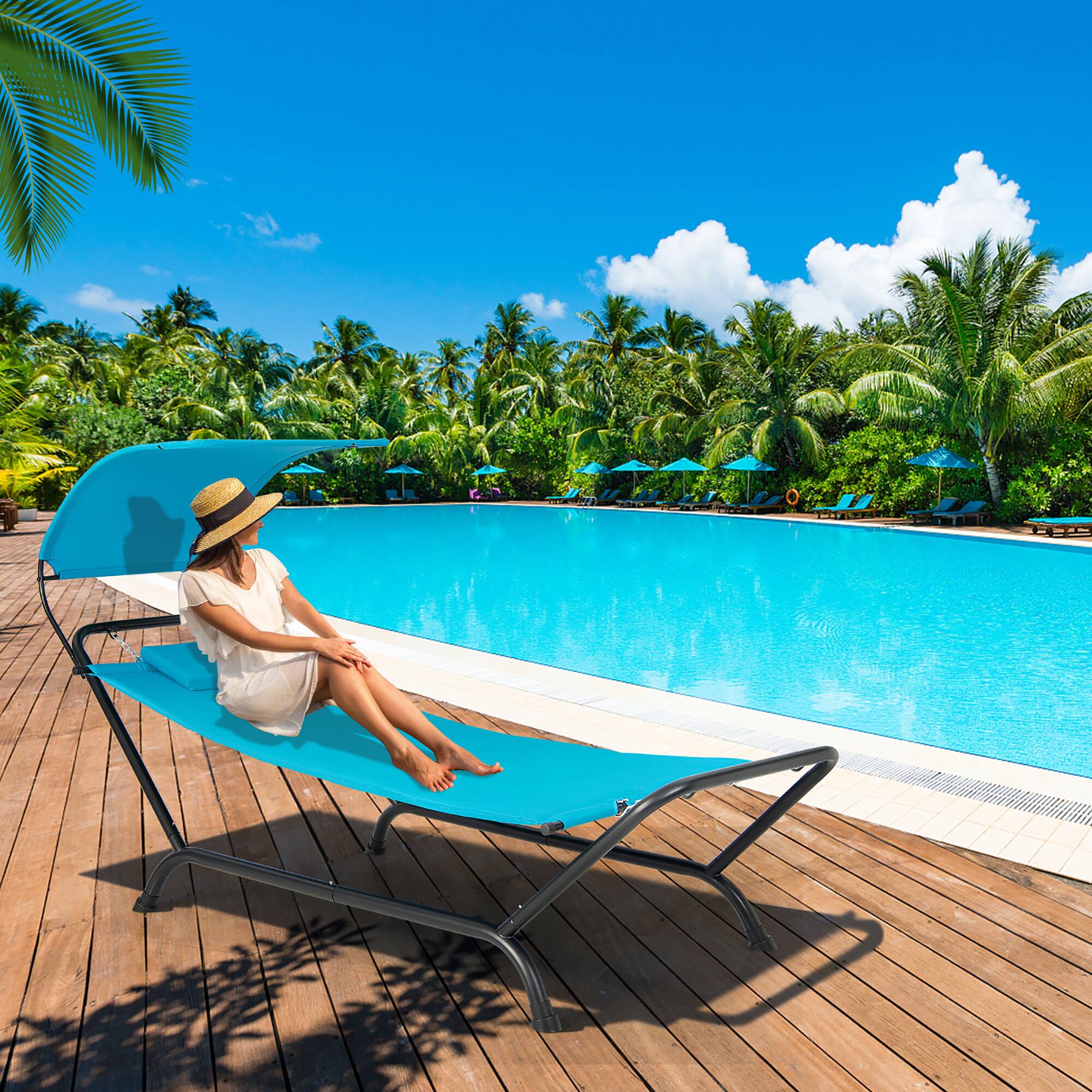 Alt View 1. Gymax - Gymax Chaise Lounge Bed w/ Detachable Sunshade Canopy Hammock w/ Rustproof Metal Stand Blue - Blue.