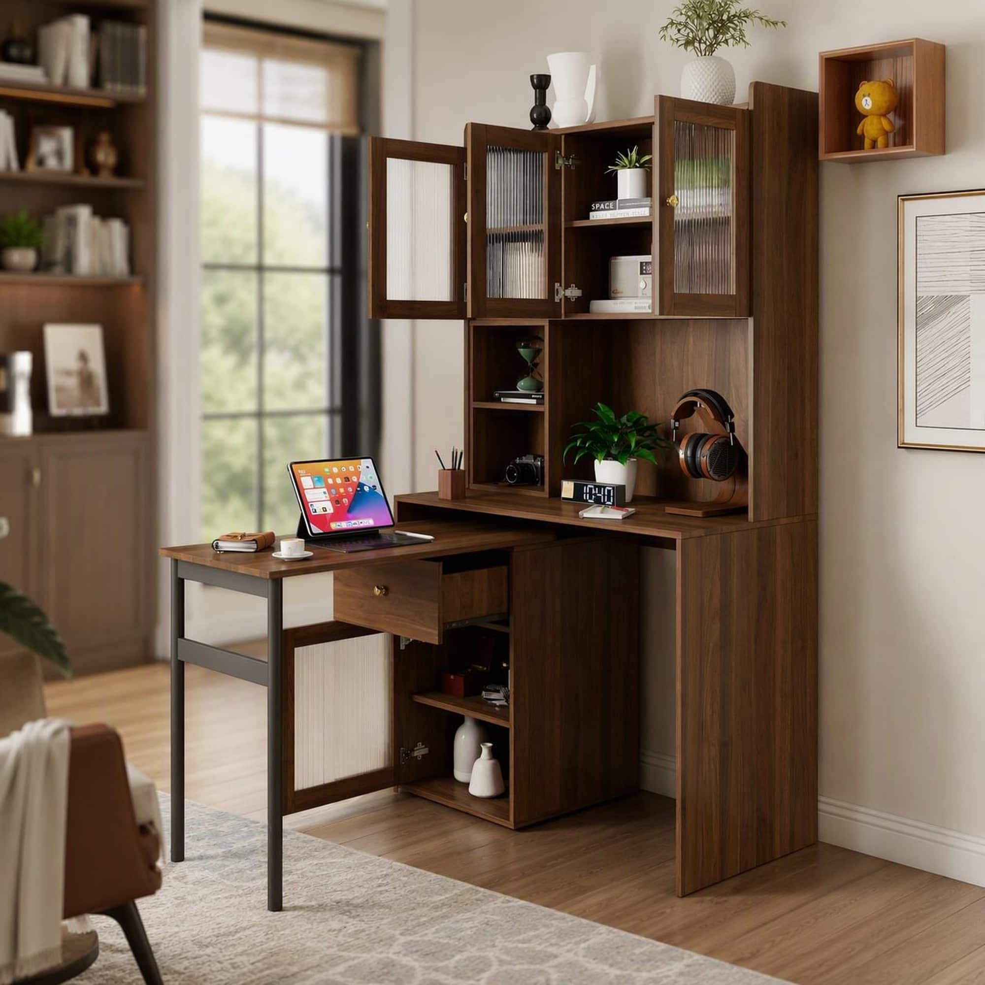 RYHNUYNE - Computer Desk with Rotating Desktop and Glass Door Cabinets, Bookshelf Hutch, 15 mm Particle Board, Home Office Study - Walnut