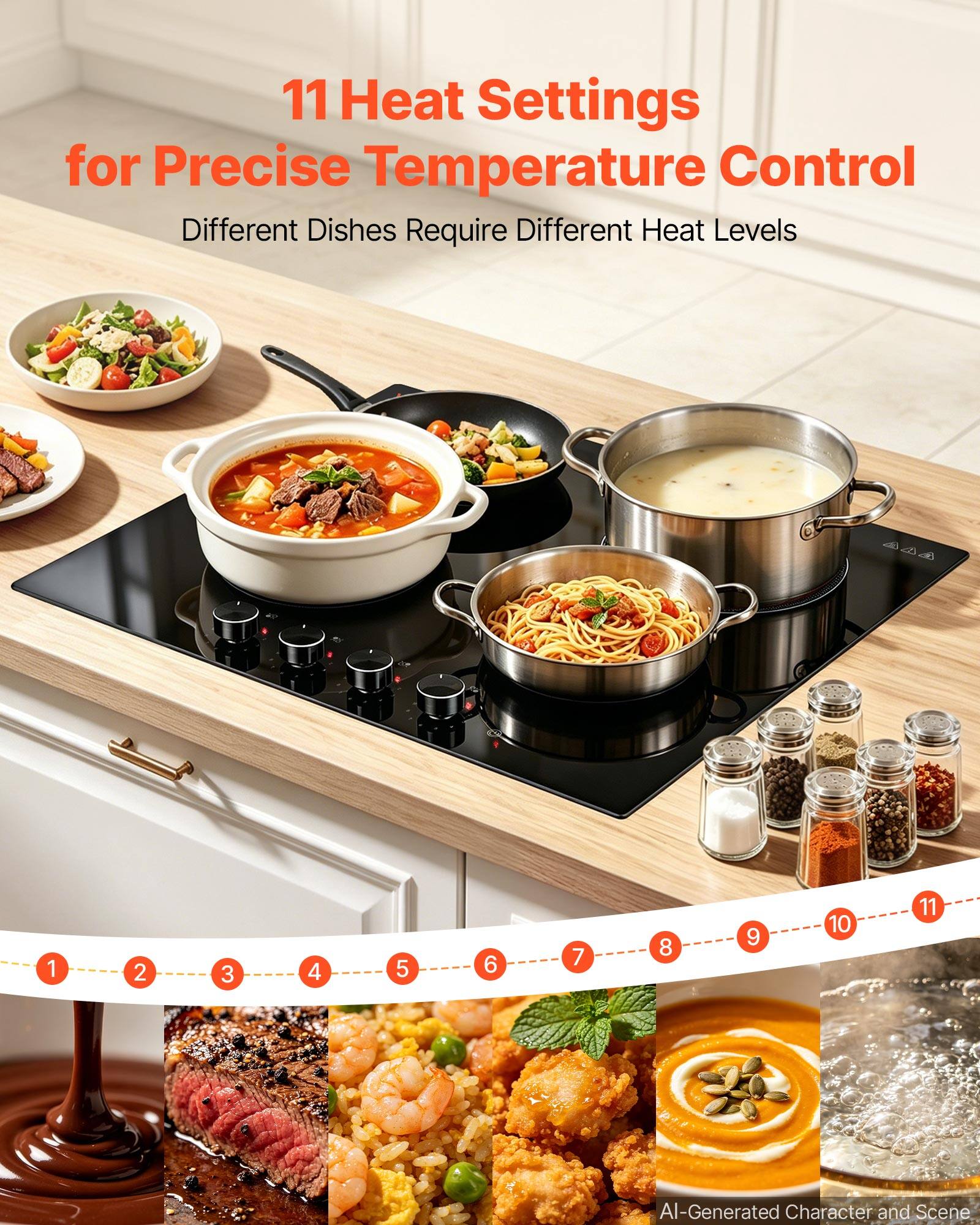 11 Heat Settings for Precise Temperature Control  
Different Dishes Require Different Heat Levels

1  
2  
3  
4  
5  
6  
7  
8  
9  
10  
11  

AI-Generated Character and Scene