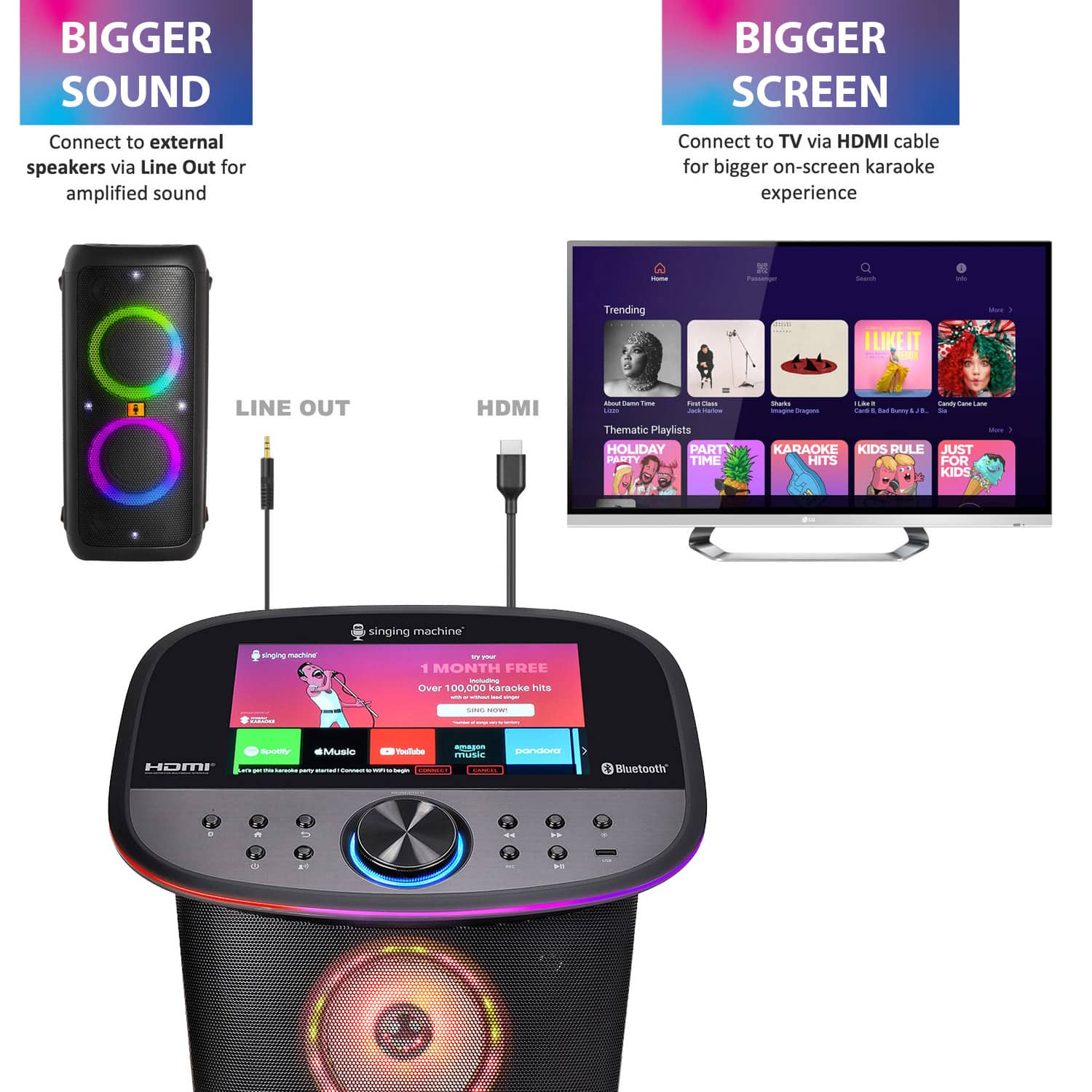 **BIGGER SOUND**
Connect to external speakers via Line Out for amplified sound
**BIGGER SCREEN**
Connect to TV via HDMI cable for bigger on-screen karaoke experience
---
**Trending**
- About Dance Time
- First Class
- Shaka
- I Like It
- Candy Candy Love
- Thematic Playlists
- HOLIDAY
- PARTY TIME
- KARAOKE
- KIDS RULE
- JUST HITS FOR KIDS
---
**1 MONTH FREE**
Over 100,000 karaoke hits
---
**Bluetooth**
**HDMI**
**LINE OUT**
**HDMI**
---
**singing machine**
**1 MONTH FREE**
Over 100,000 karaoke hits
**SING NOW!**
**Amazon Music**
**Pandora**
**Spotify**
**Music**
**Connect to Wi-Fi**
**Get the karaoke party started!**