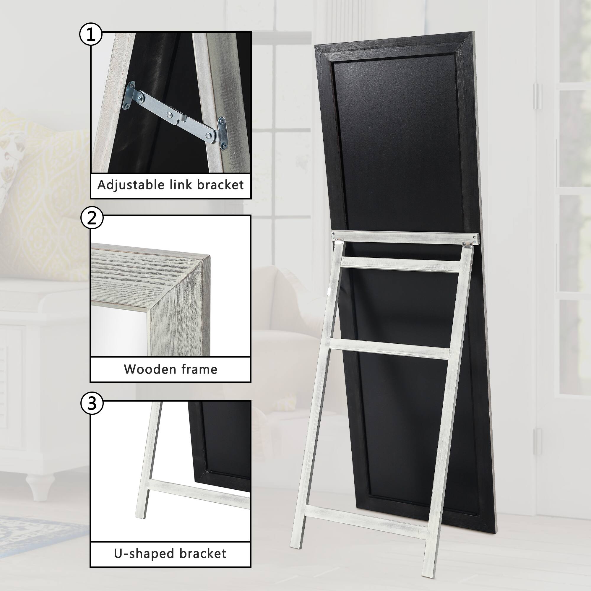 1. Adjustable link bracket  
2. Wooden frame  
3. U-shaped bracket