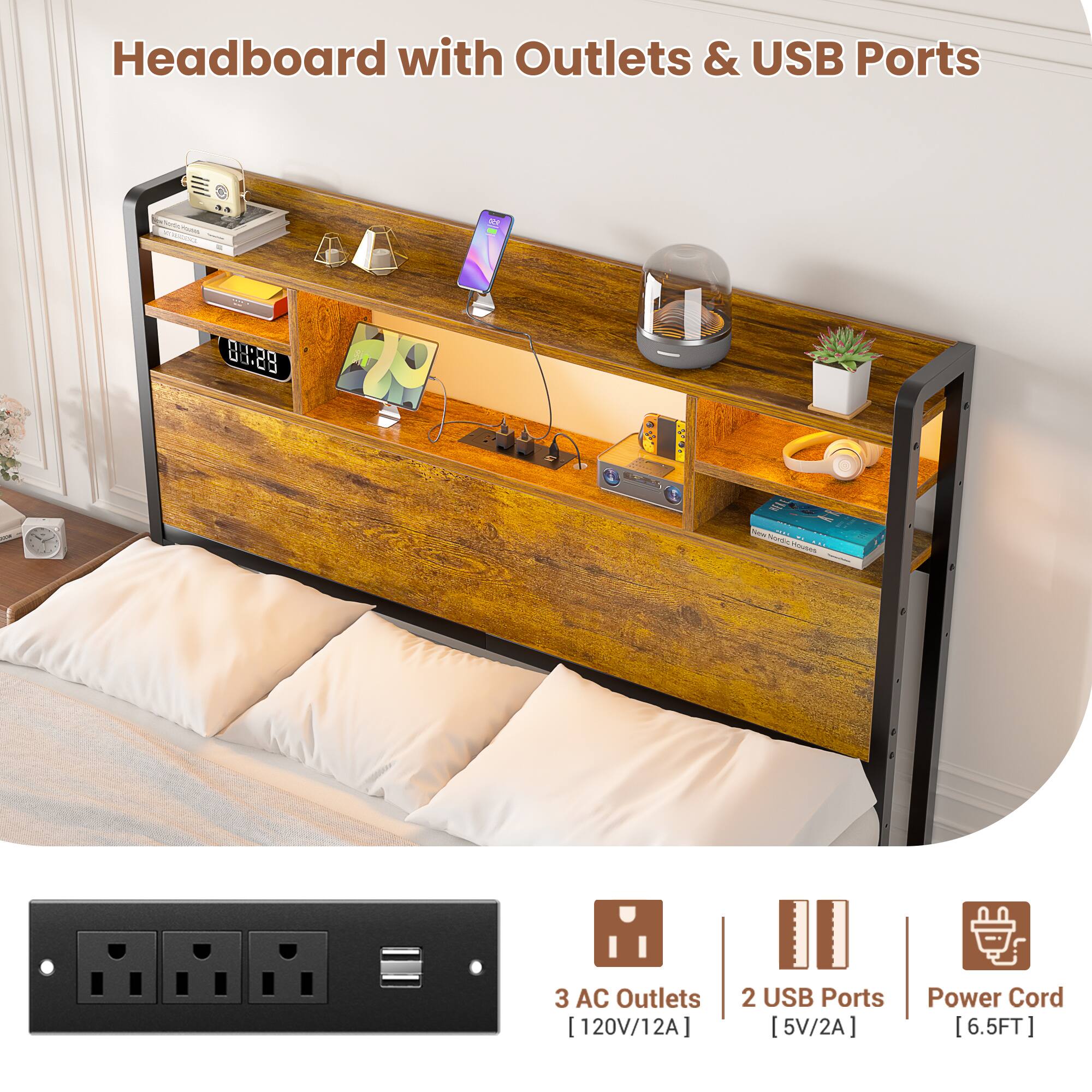Headboard with Outlets & USB Ports

- 3 AC Outlets [120V/12A]
- 2 USB Ports [5V/2A]
- Power Cord [6.5FT]