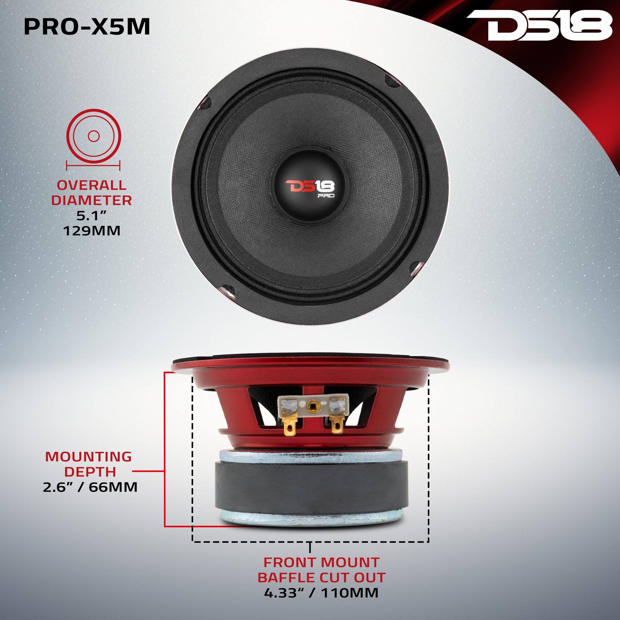 PRO-X5M  
D518  
OVERALL DIAMETER 5.1" 129MM  
MOUNTING DEPTH 2.6" / 66MM  
FRONT MOUNT BAFFLE CUT OUT 4.33" / 110MM