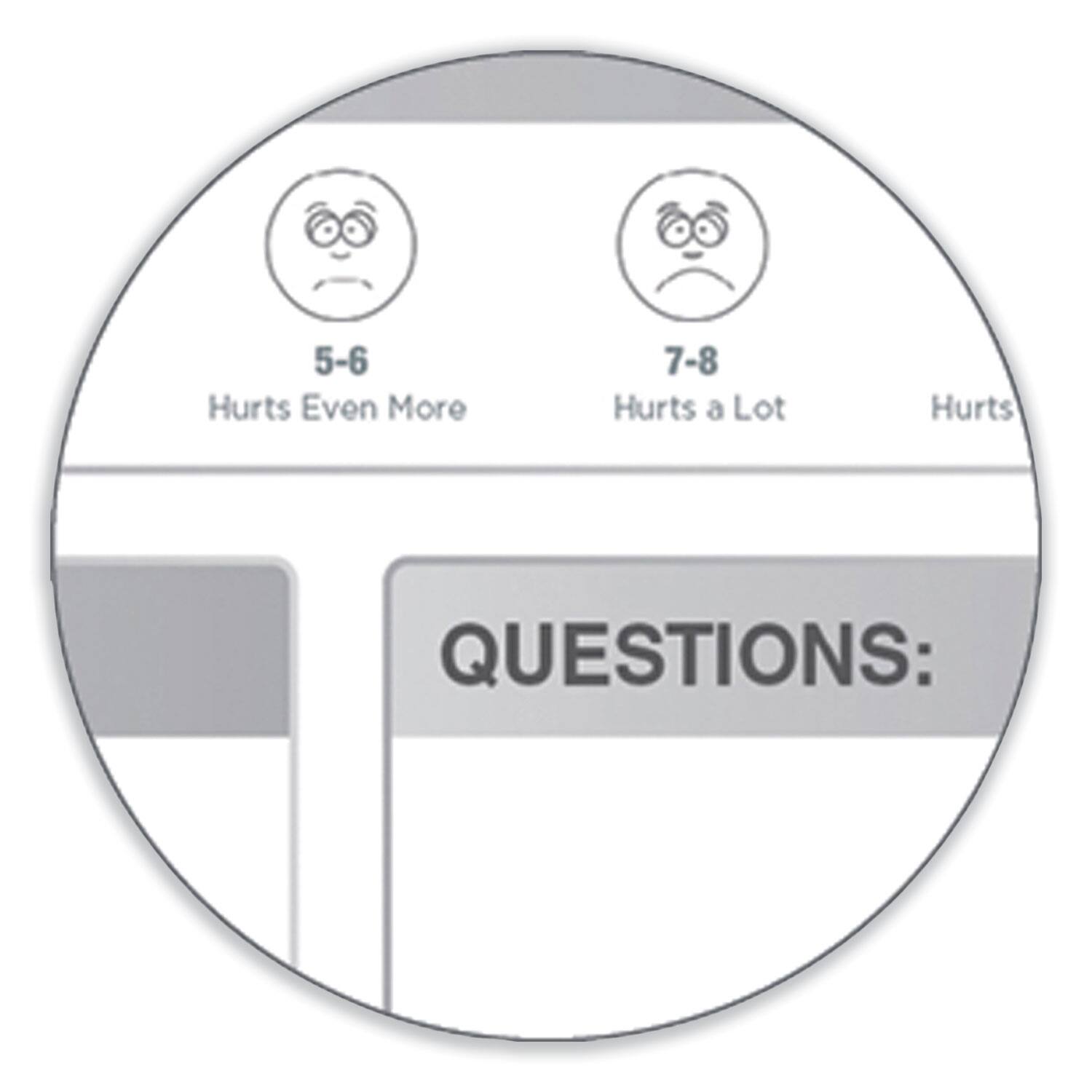 5-6 Hurts Even More  
7-8 Hurts a Lot  
Hurts  

QUESTIONS: