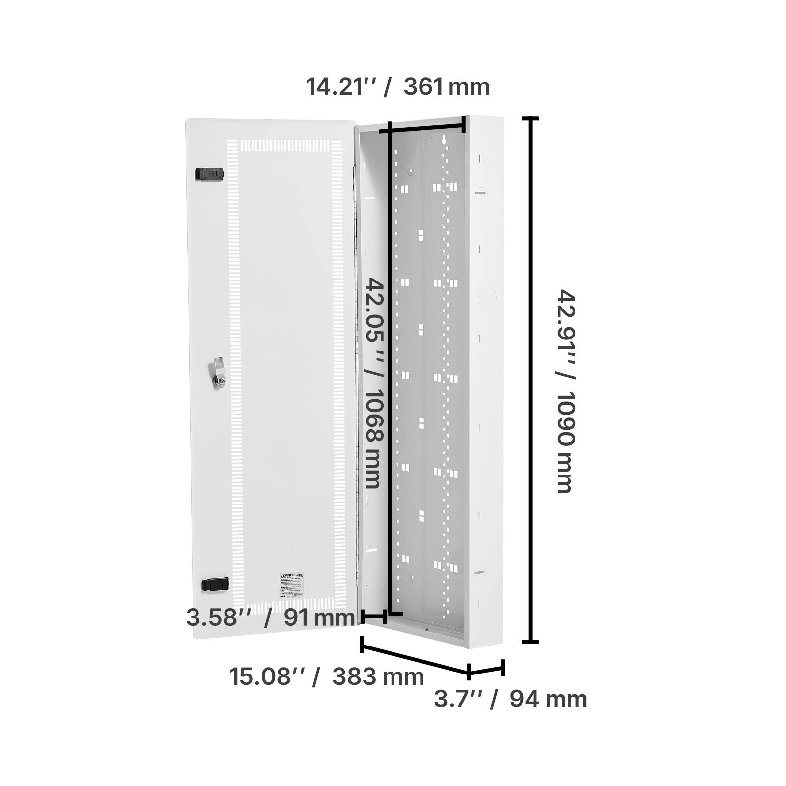 14.21" / 361 mm  
42.05" / 1068 mm  
42.91" / 1090 mm  
3.58" / 91 mm  
15.08" / 383 mm  
3.7" / 94 mm