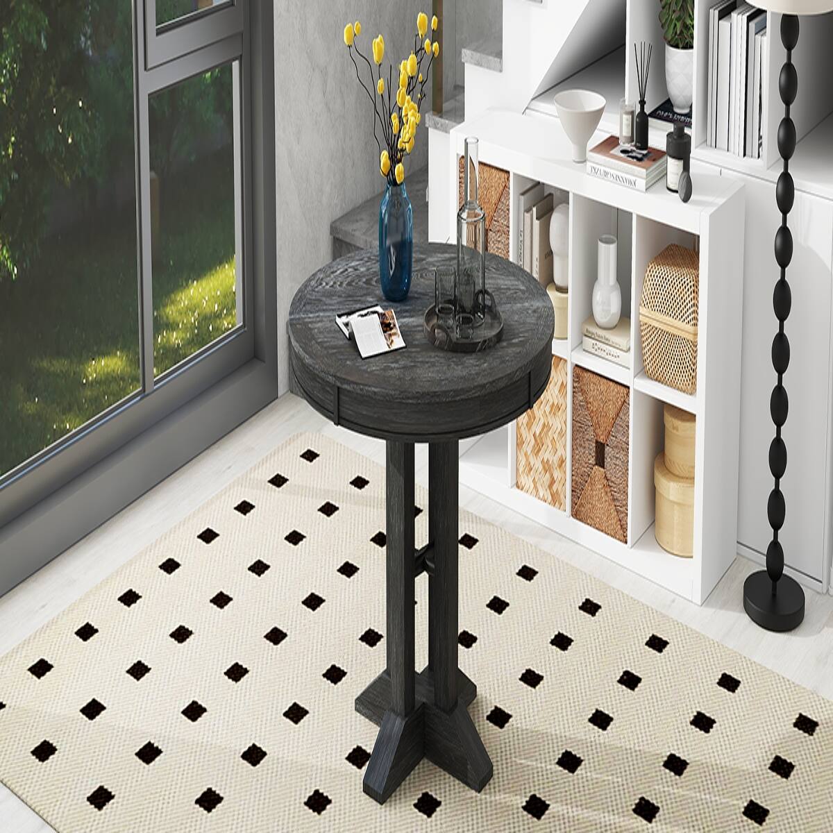 Angle. Loheer - Loheer Black Extendable Dining Table, Round Farmhouse Table for Kitchen and Dining Room - Black.